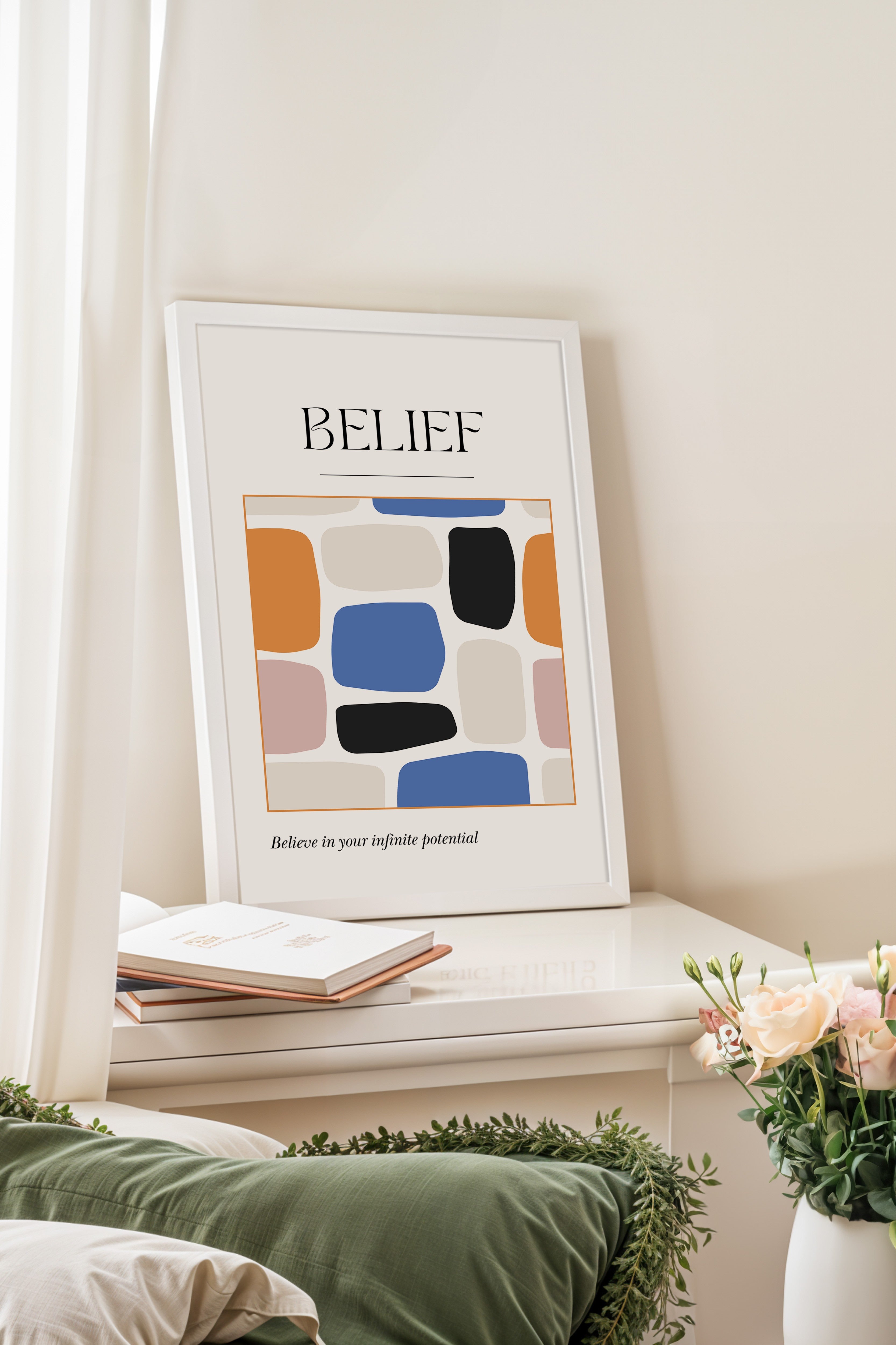 Beyaz Çerçeveli Tablo, Şekiller,, Minimalist, illüstrasyon, Çok renkli, Bej Renk Poster, 2025 Yaz Seçkisi, NO:109846