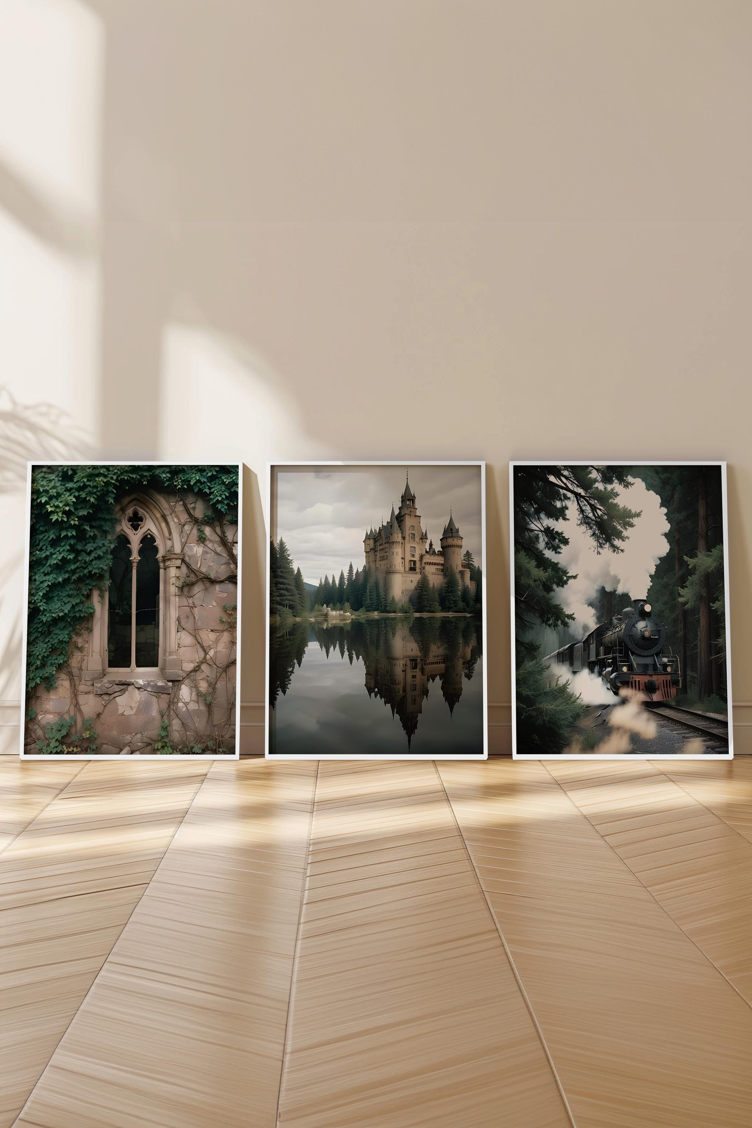 Beyaz Çerçeveli Tablo Seti, Büyücü Okulu Duvar Tablosu, 3 Adet Poster Seti, No:300751