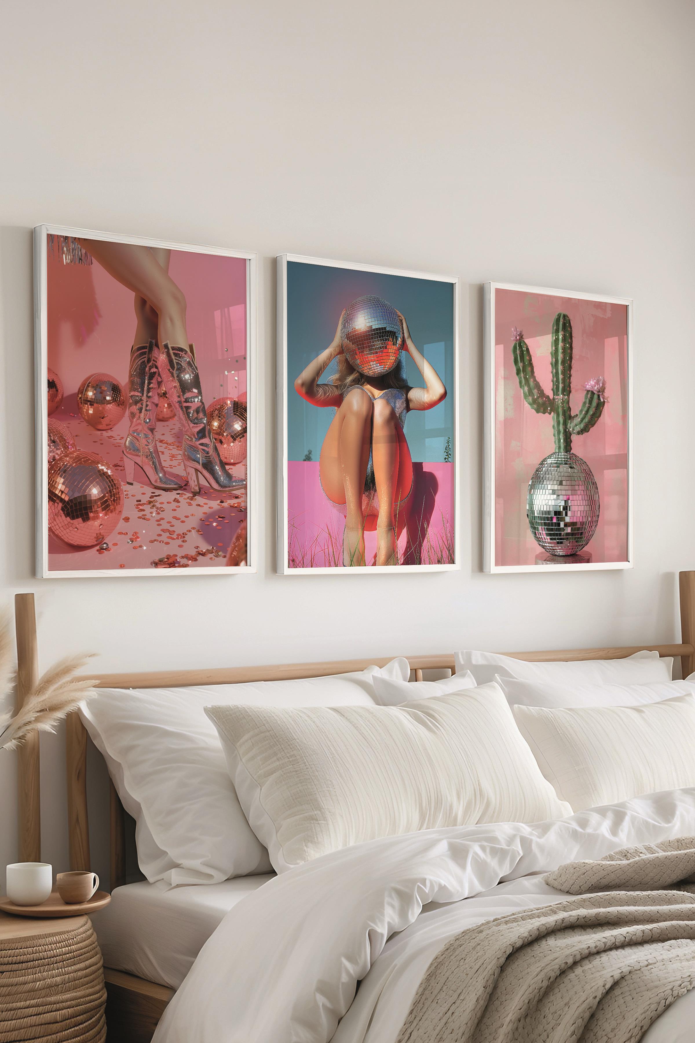 Beyaz Çerçeveli Tablo Seti, Disko Topu Maximalist Duvar Tablosu, 3 Adet Poster Seti, No:300795