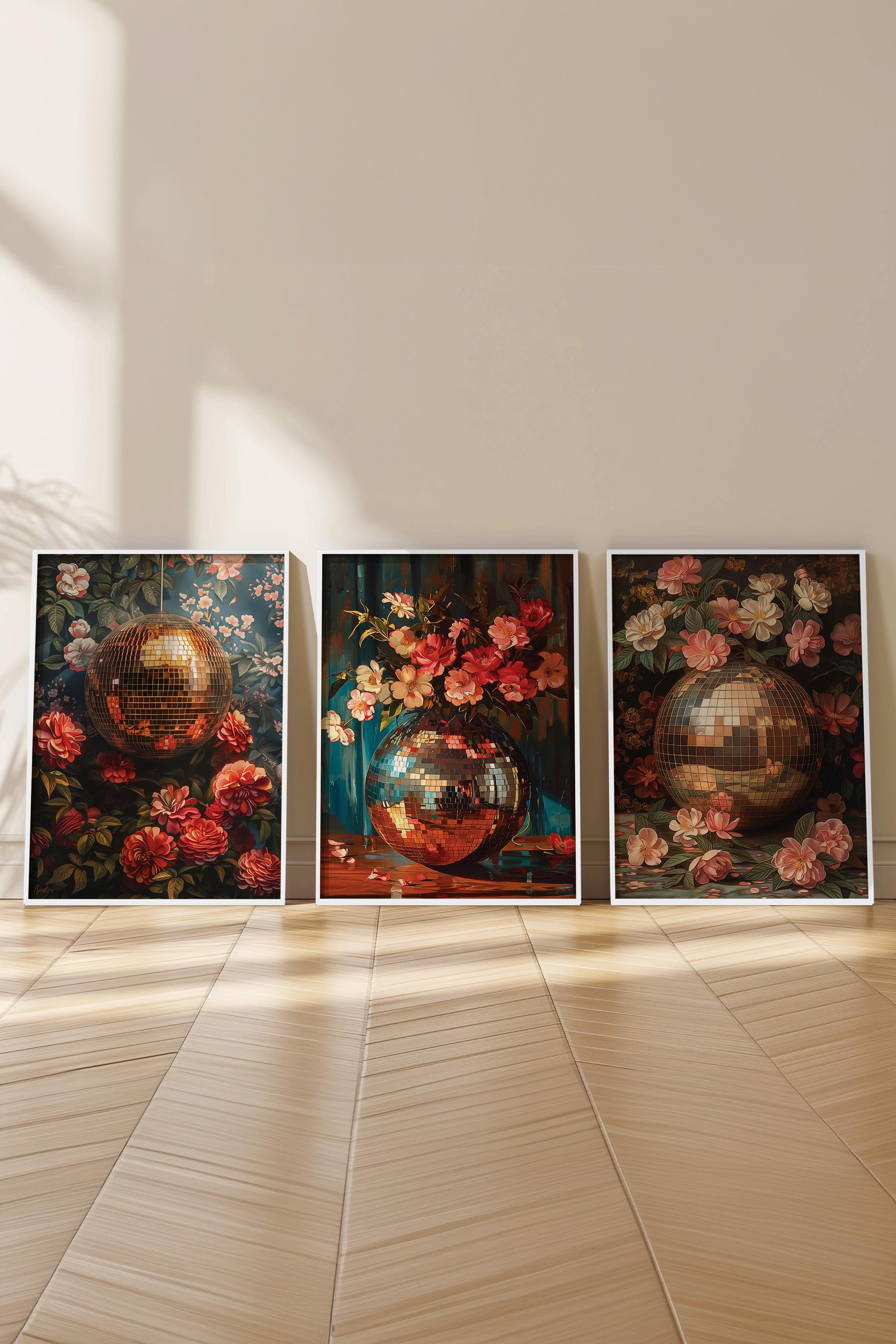 Beyaz Çerçeveli Tablo Seti, Disko Topu Maximalist Duvar Tablosu, 3 Adet Poster Seti, No:300798
