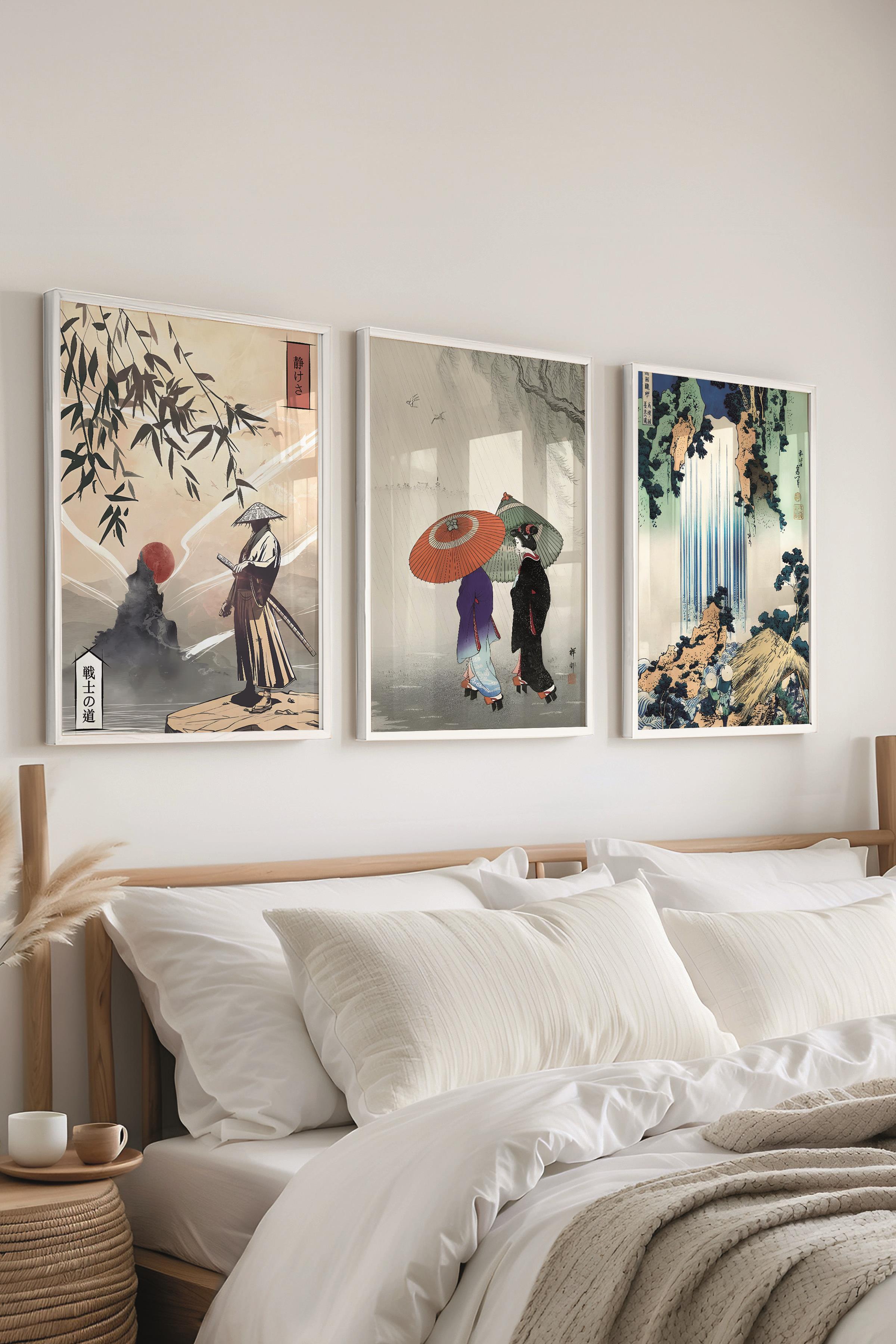 Beyaz Çerçeveli Tablo Seti, Hokusai Duvar Tablosu, 3 Adet Poster Seti, No:300742