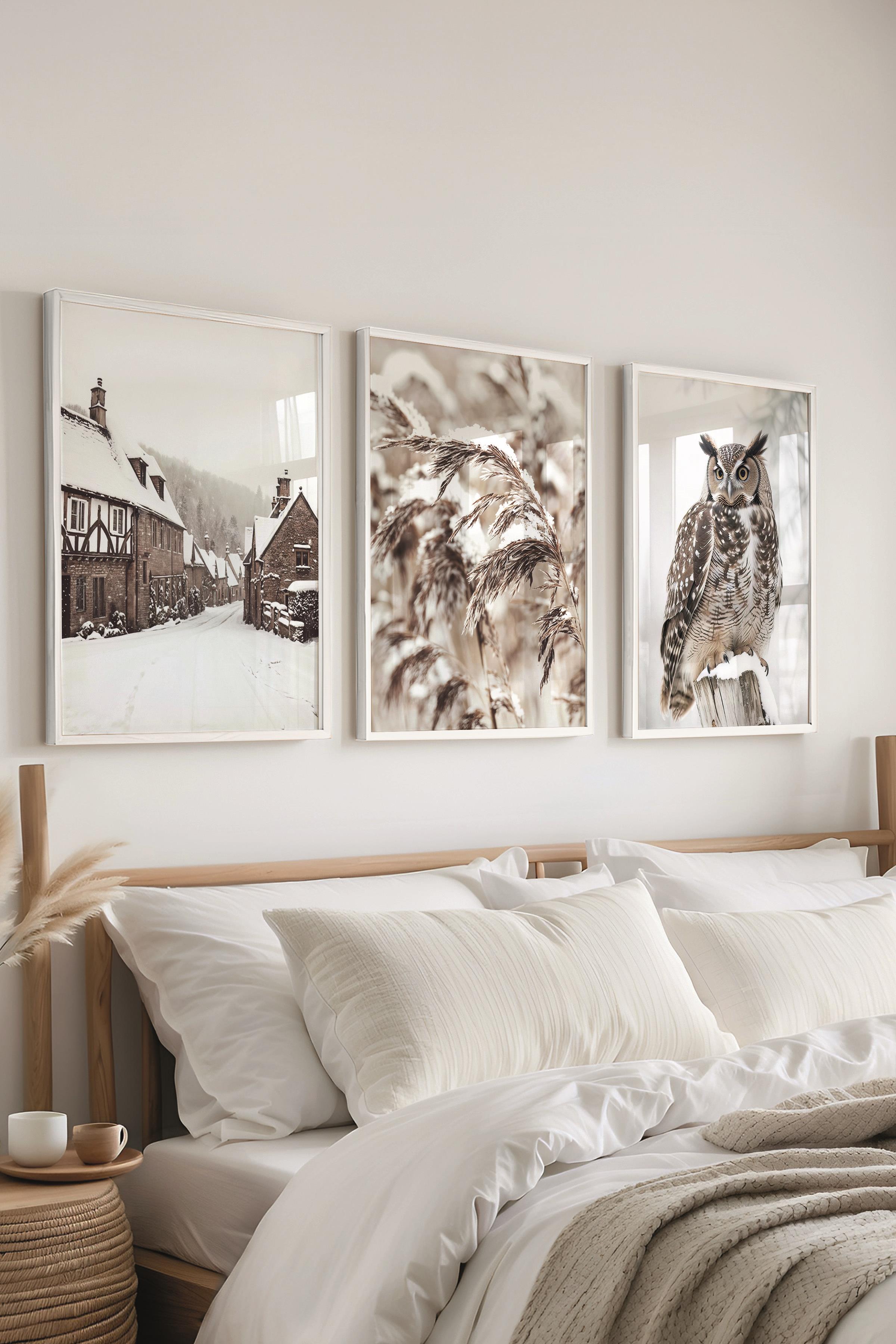 Beyaz Çerçeveli Tablo Seti, Kış Fotoğrafları Duvar Tablosu, 3 Adet Poster Seti, No:300729