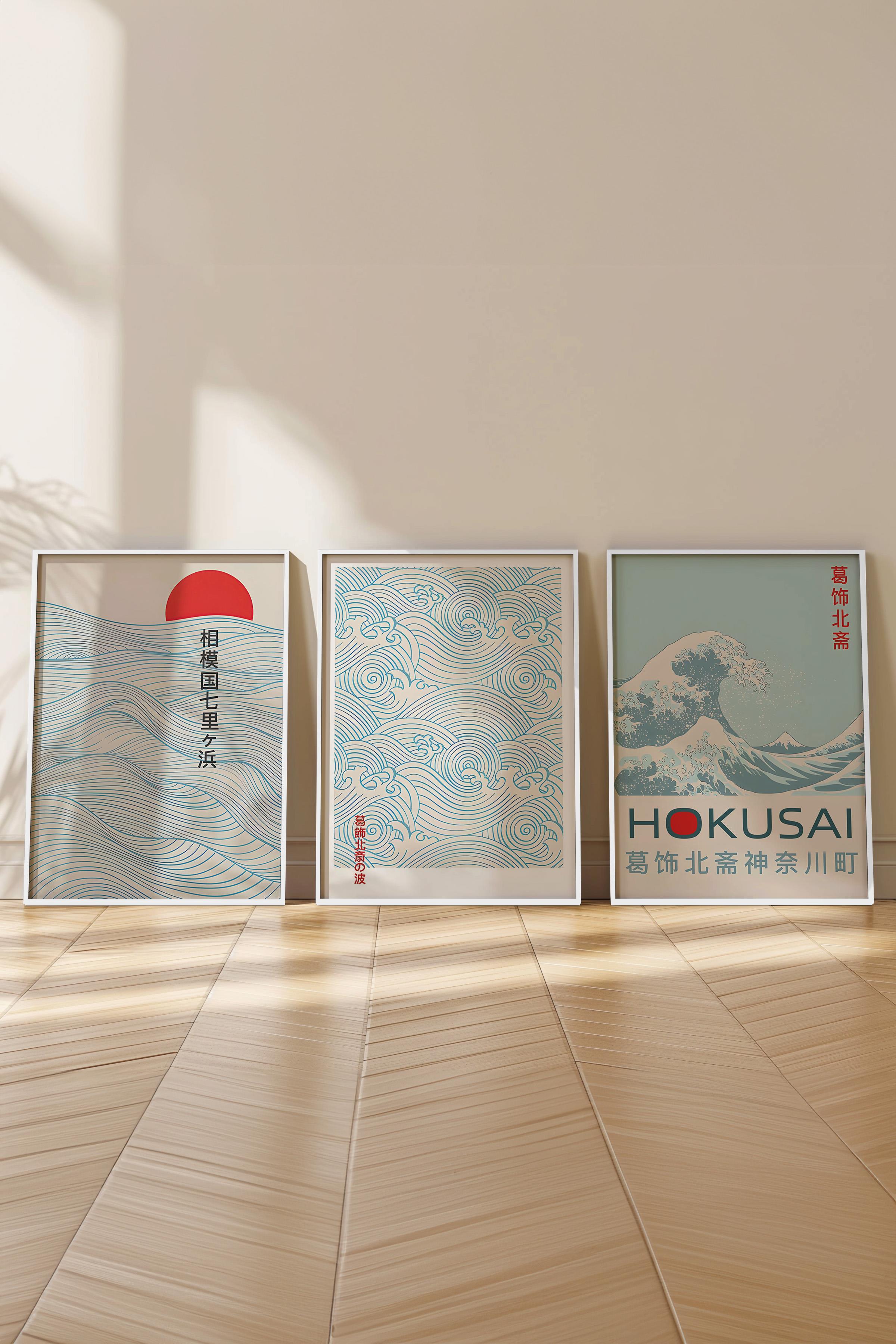 Beyaz Çerçeveli Tablo Seti, Mavi Hokusai Duvar Tablosu, 3 Adet Poster Seti, No:300741