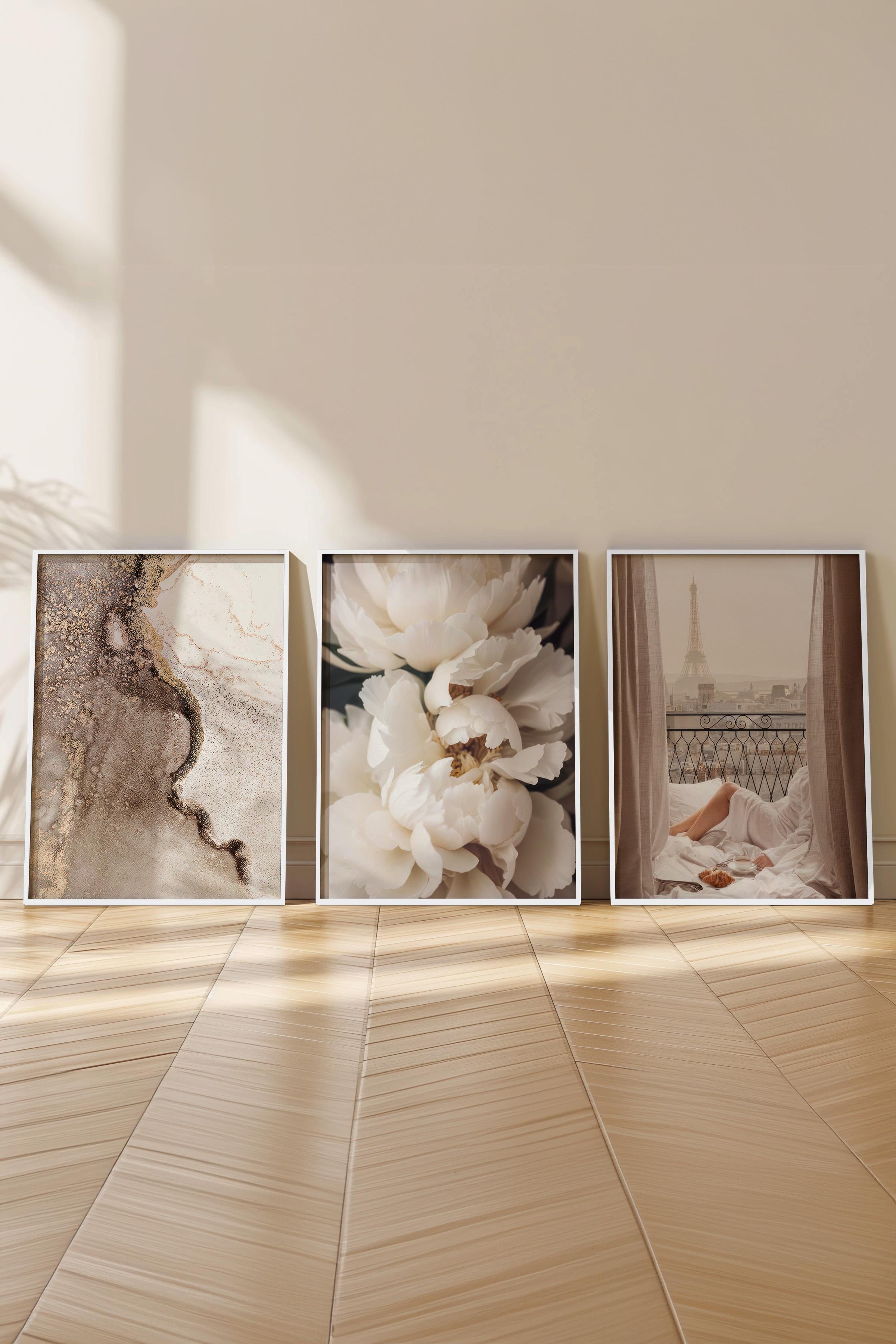 Beyaz Çerçeveli Tablo Seti, Soft Bej Duvar Tablosu, 3 Adet Poster Seti, No:300730