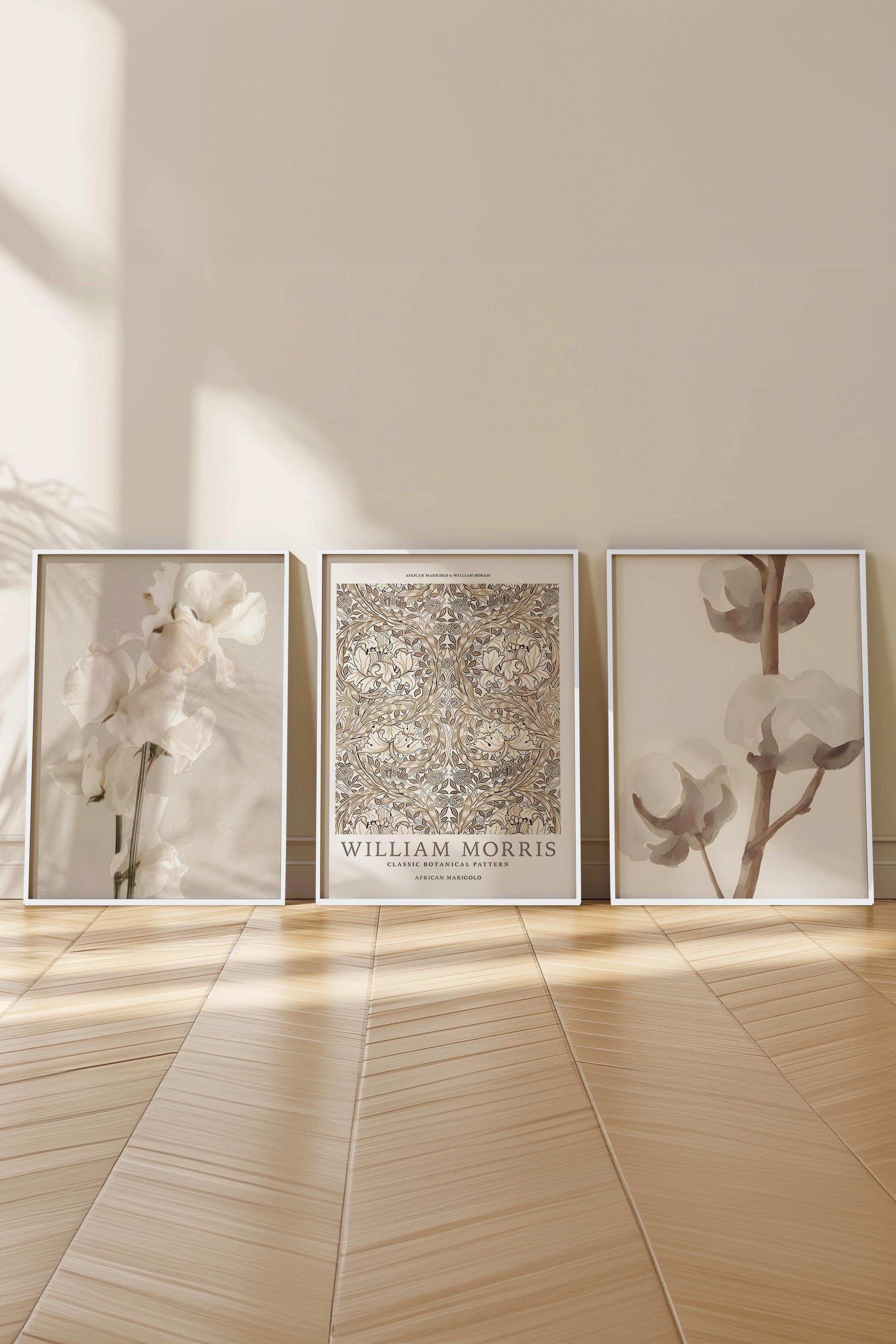 Beyaz Çerçeveli Tablo Seti, Soft Kahverengi William Morris Duvar Tablosu, 3 Adet Poster Seti, No:300787