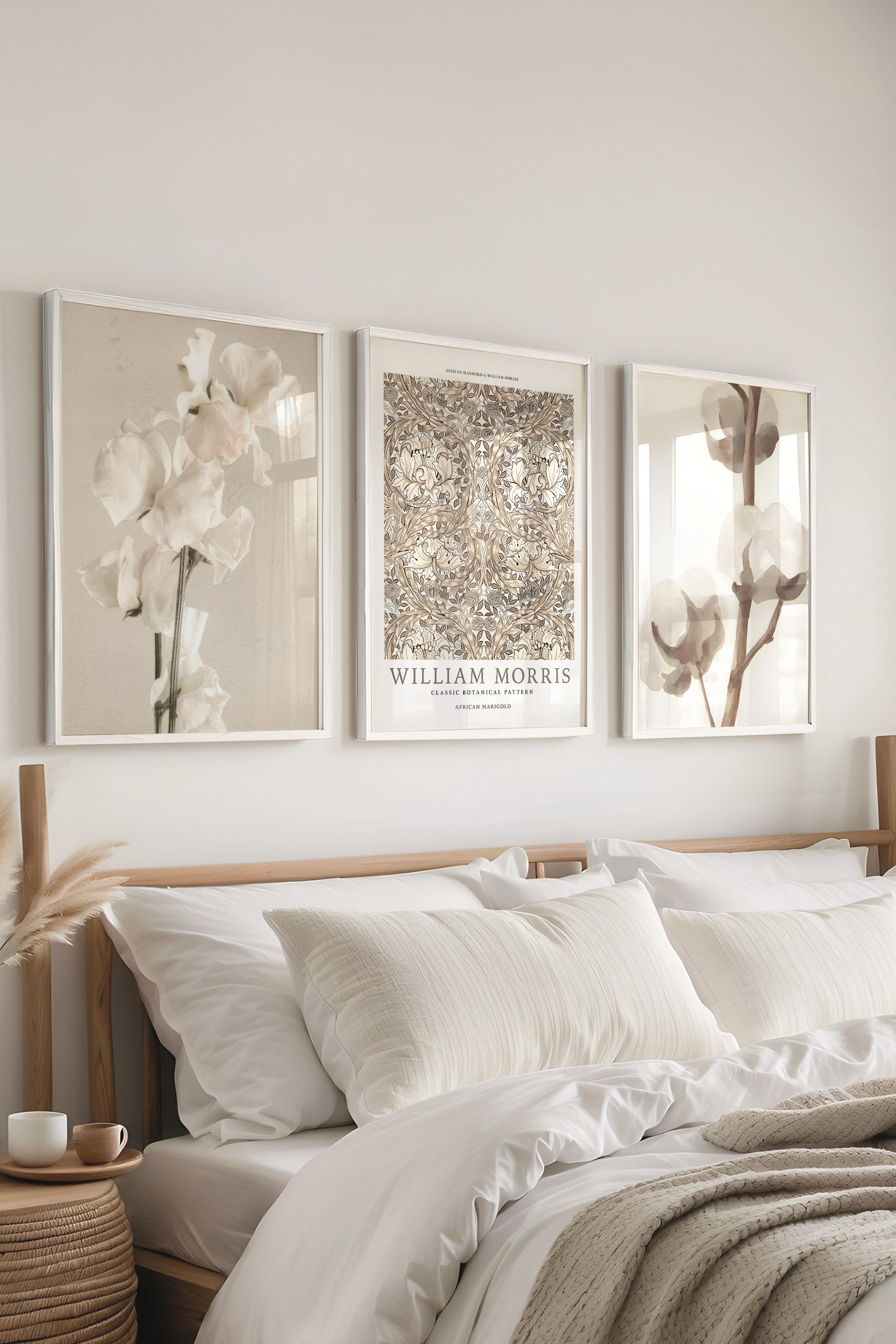 Beyaz Çerçeveli Tablo Seti, Soft Kahverengi William Morris Duvar Tablosu, 3 Adet Poster Seti, No:300787