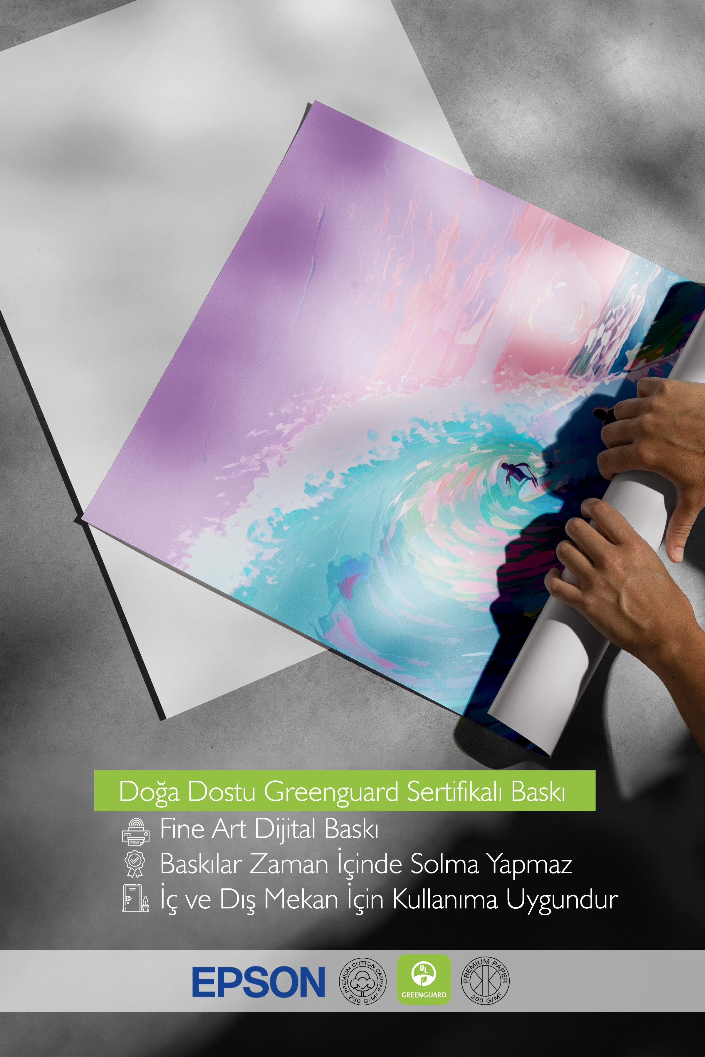 Beyaz Çerçeveli Tablo, Sörfçü, Dalga, Okyanus, illüstrasyon, Impressionist, Mavi, Pembe Renk Poster, 2025 Yaz Seçkisi, NO:109864