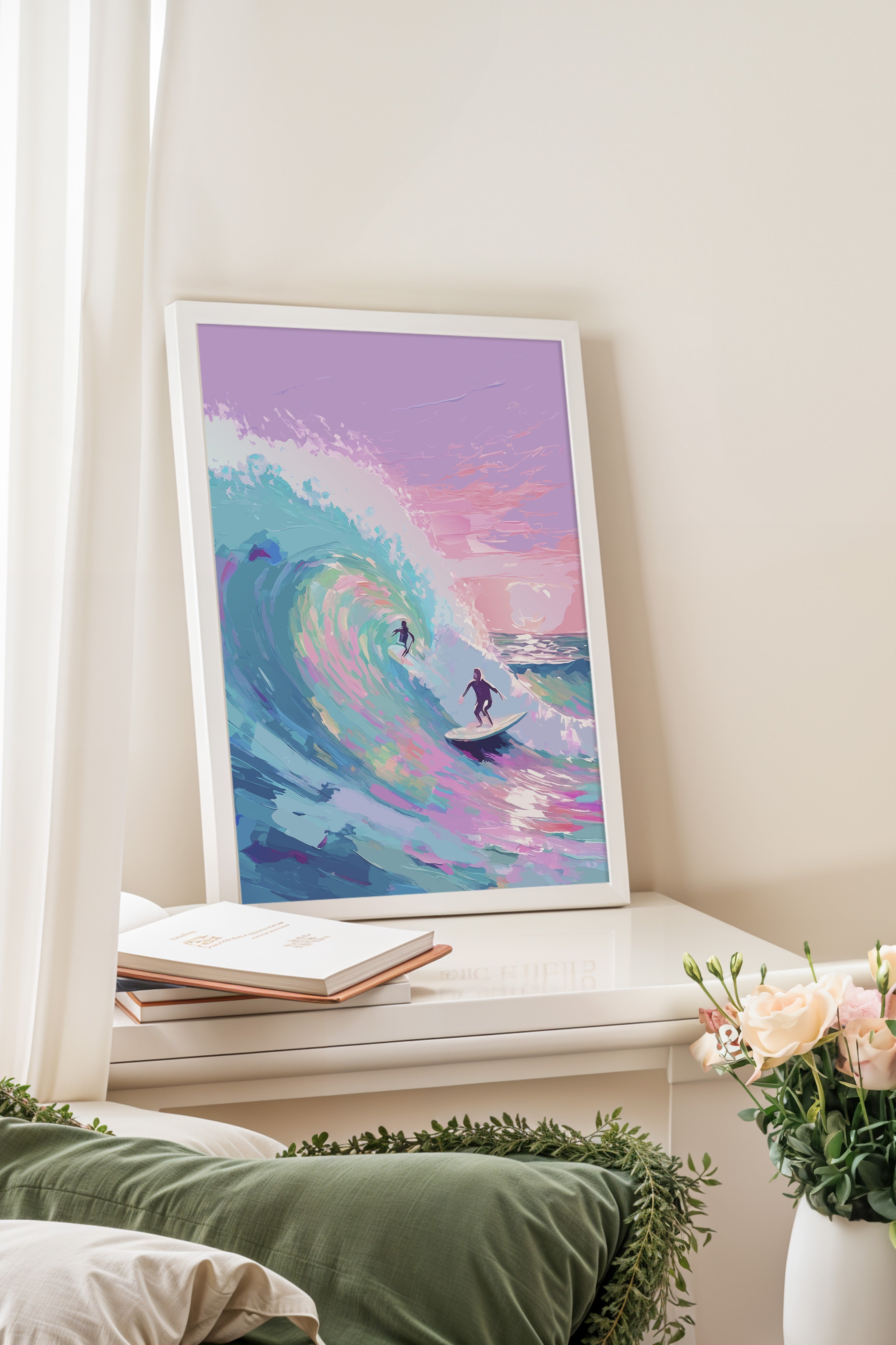 Beyaz Çerçeveli Tablo, Sörfçü, Dalga, Okyanus, illüstrasyon, Impressionist, Mavi, Pembe Renk Poster, 2025 Yaz Seçkisi, NO:109864