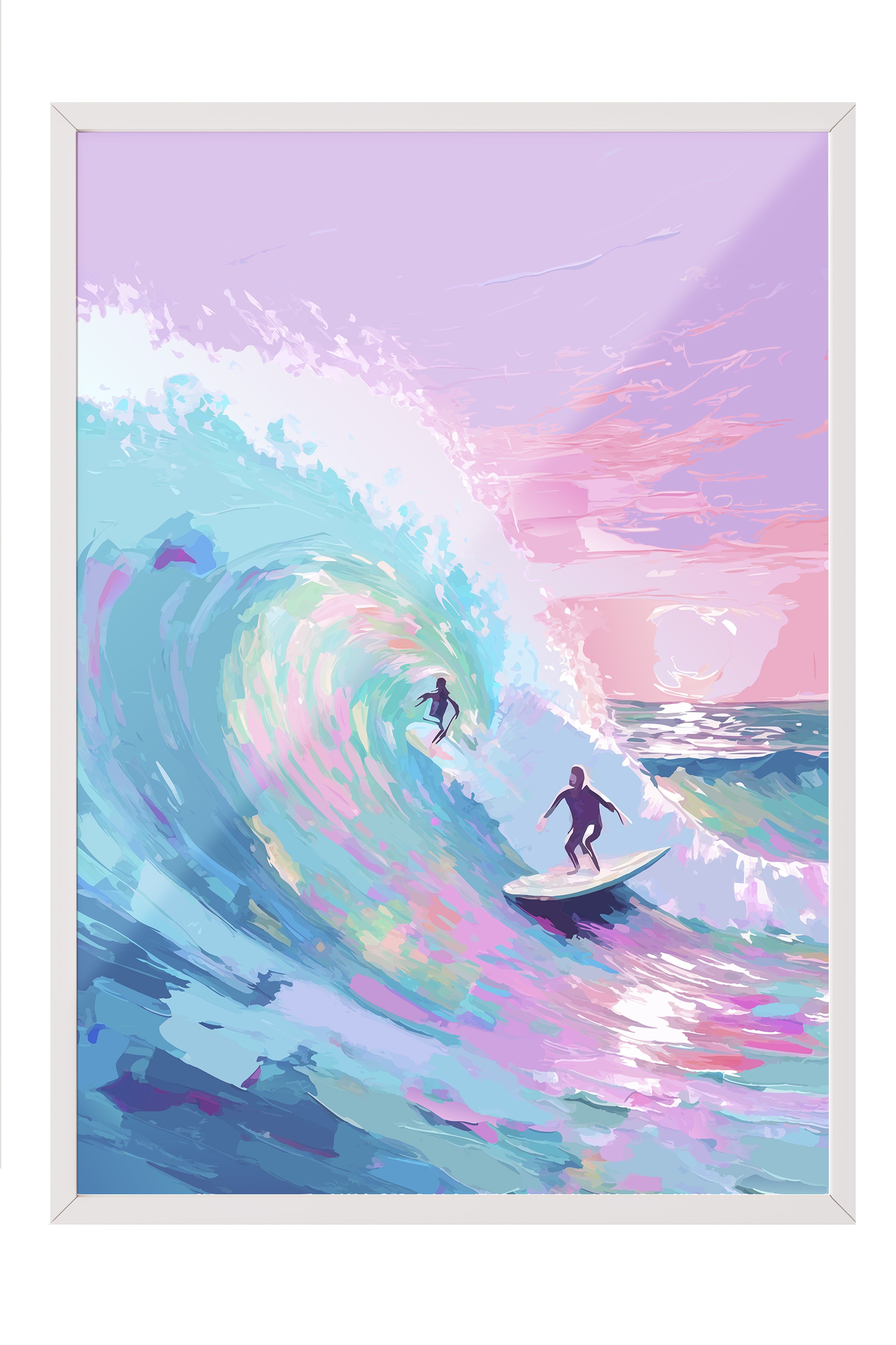 Beyaz Çerçeveli Tablo, Sörfçü, Dalga, Okyanus, illüstrasyon, Impressionist, Mavi, Pembe Renk Poster, 2025 Yaz Seçkisi, NO:109864