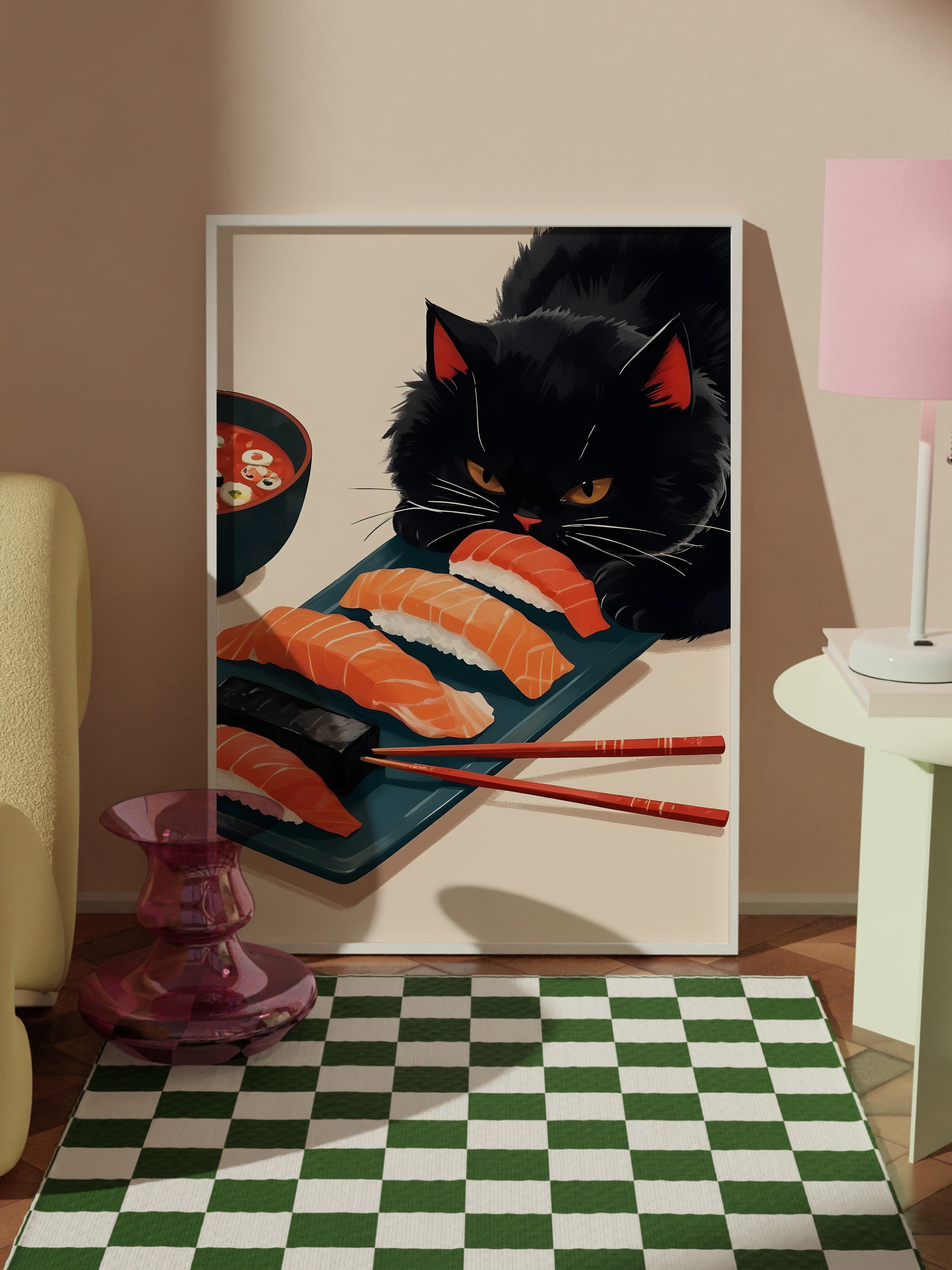 Beyaz Çerçeveli Tablo, Sushi Warrior, Comfort Serisi Mutfak Duvar Tablosu, NO:109162
