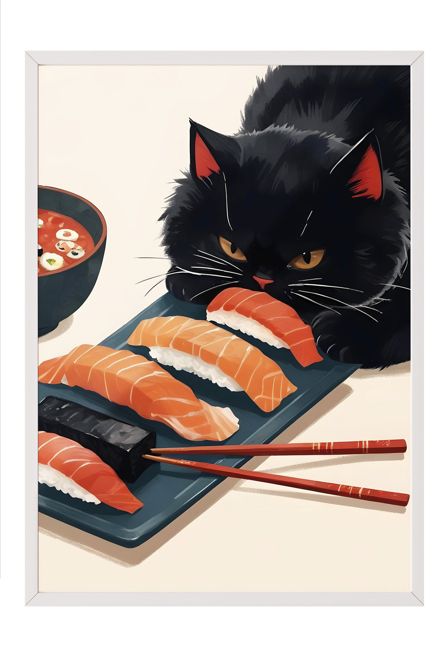 Kedi ve Suşi Poster – Beyaz Çerçeveli Tablo