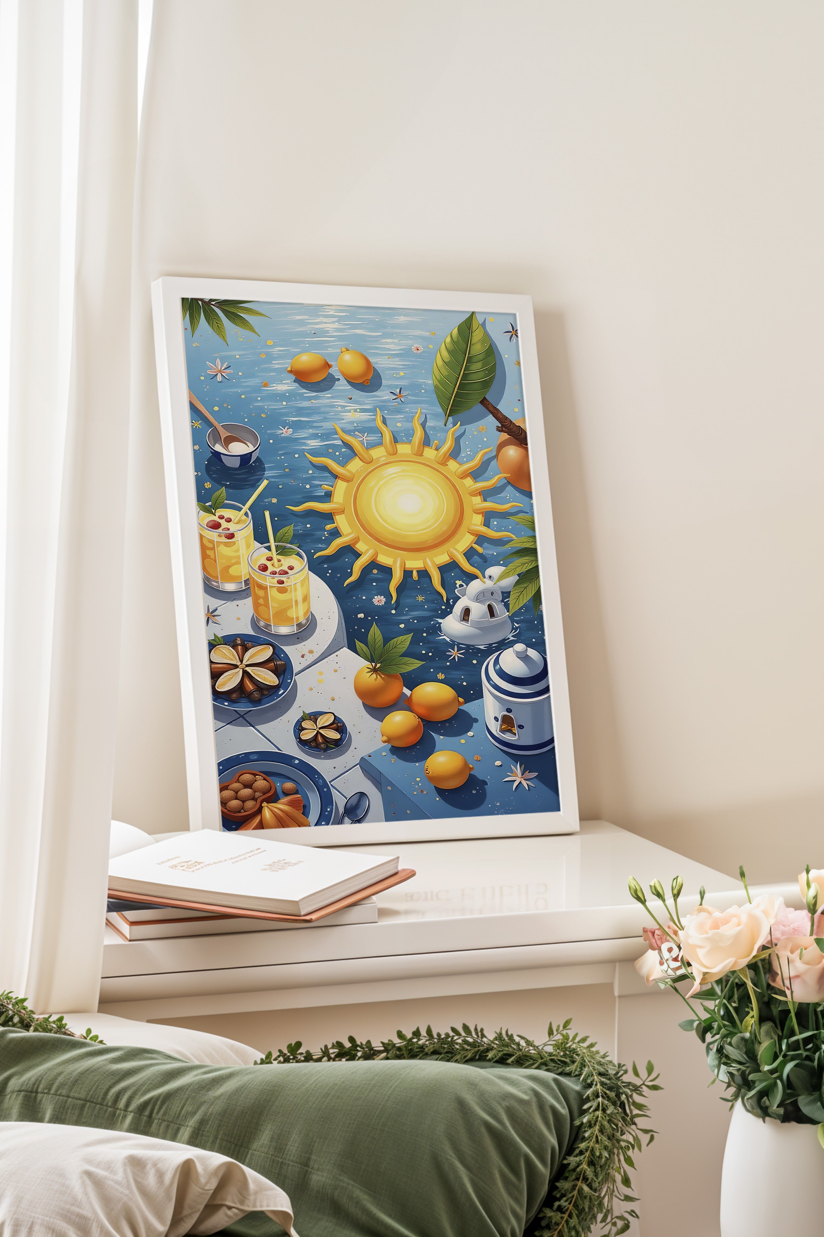 Beyaz Çerçeveli Tablo, Yaz Meyveleri, İllüstrasyon, Maximalist, Sarı Renk Poster, 2025 Yaz Seçkisi, NO:109764
