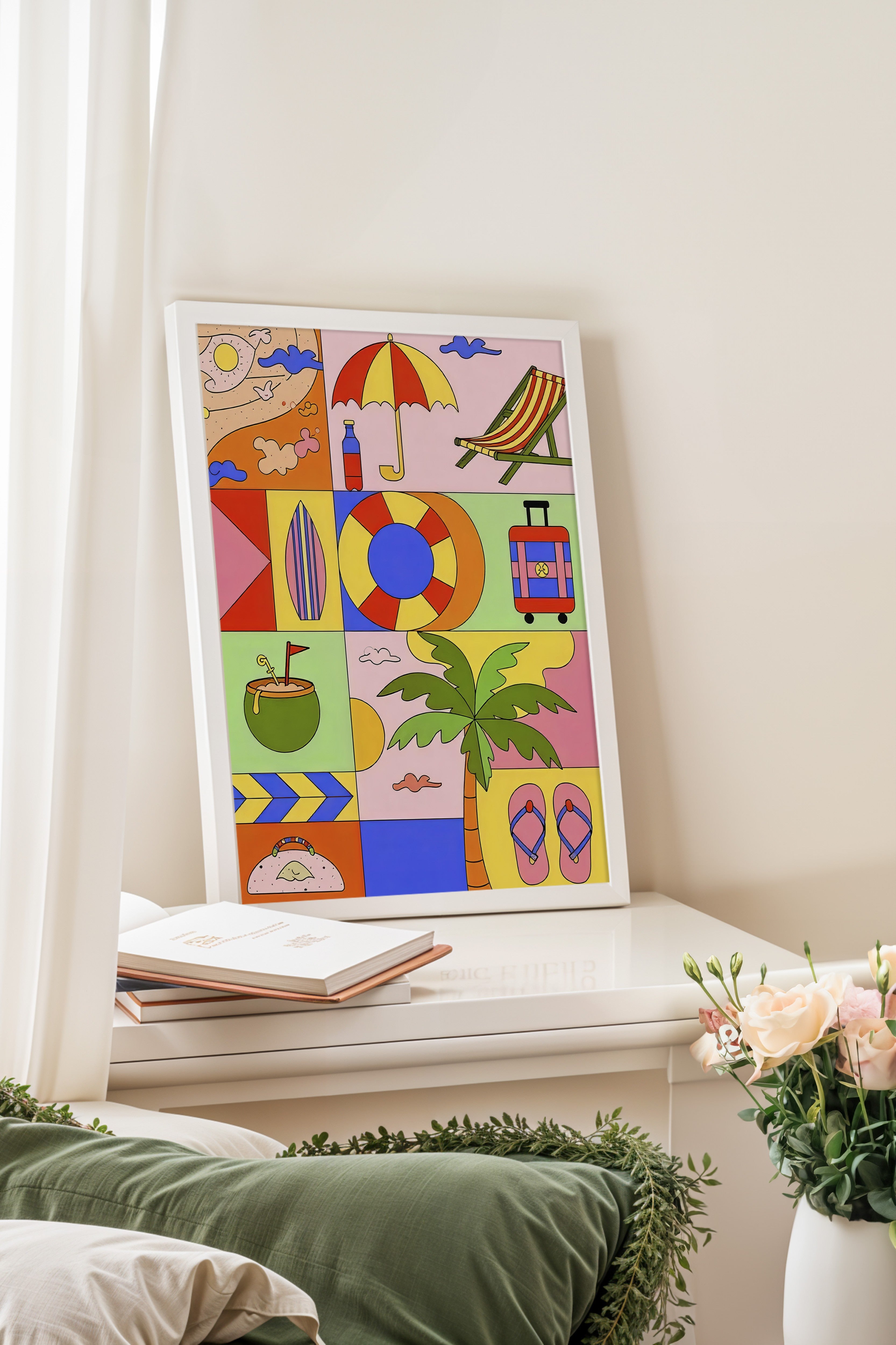 Beyaz Çerçeveli Tablo, Yaz Öğeleri, İllüstrasyon Maximalist, Pembe Renk Poster, 2025 Yaz Seçkisi, NO:109755