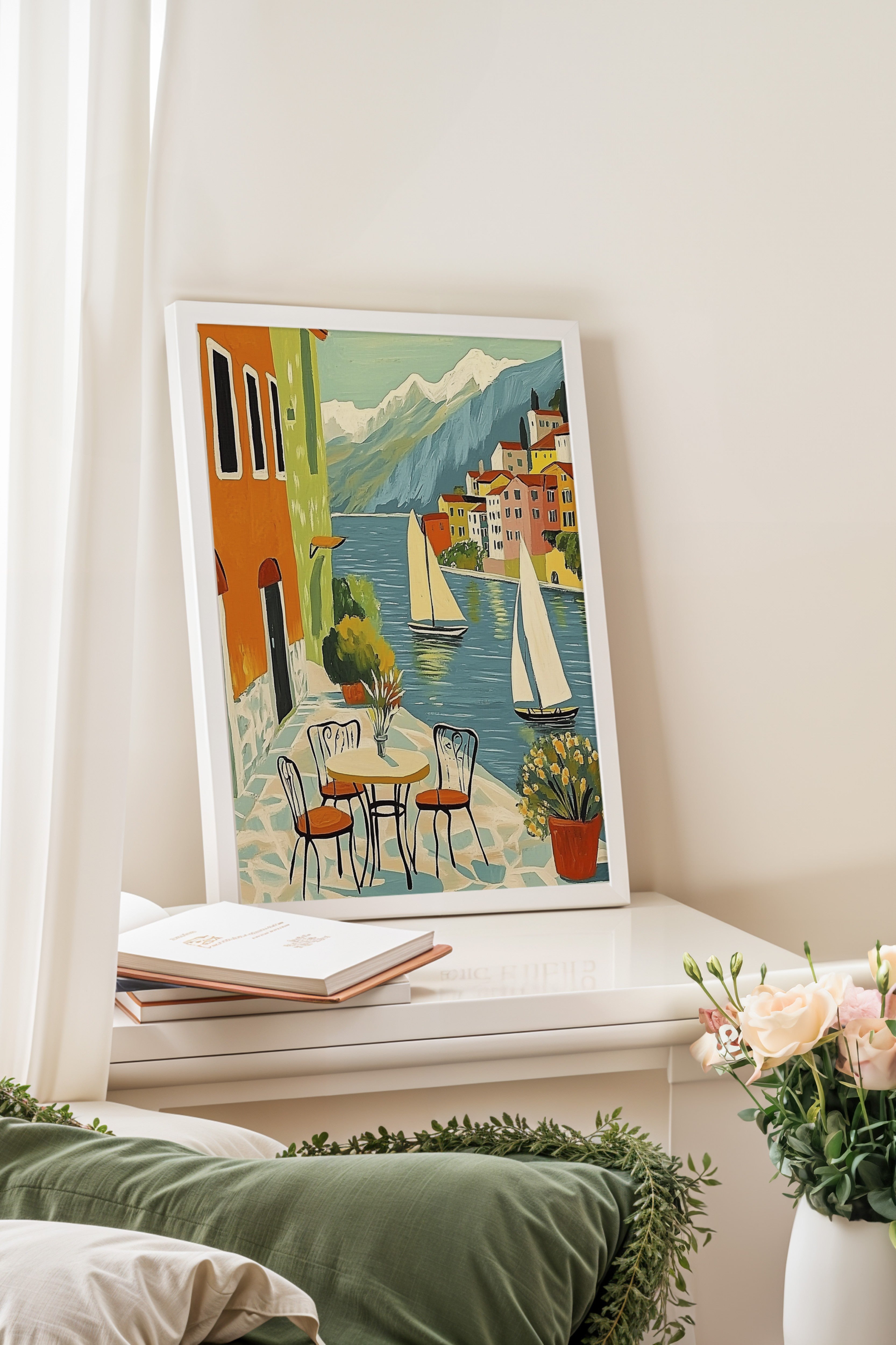 Beyaz Çerçeveli Tablo, Yelkenliler, Sandalyeler, Binalar, İzlenimci, Vintage, Mavi, Toprak Tonları Renk Poster, 2025 Yaz Seçkisi, NO:109796