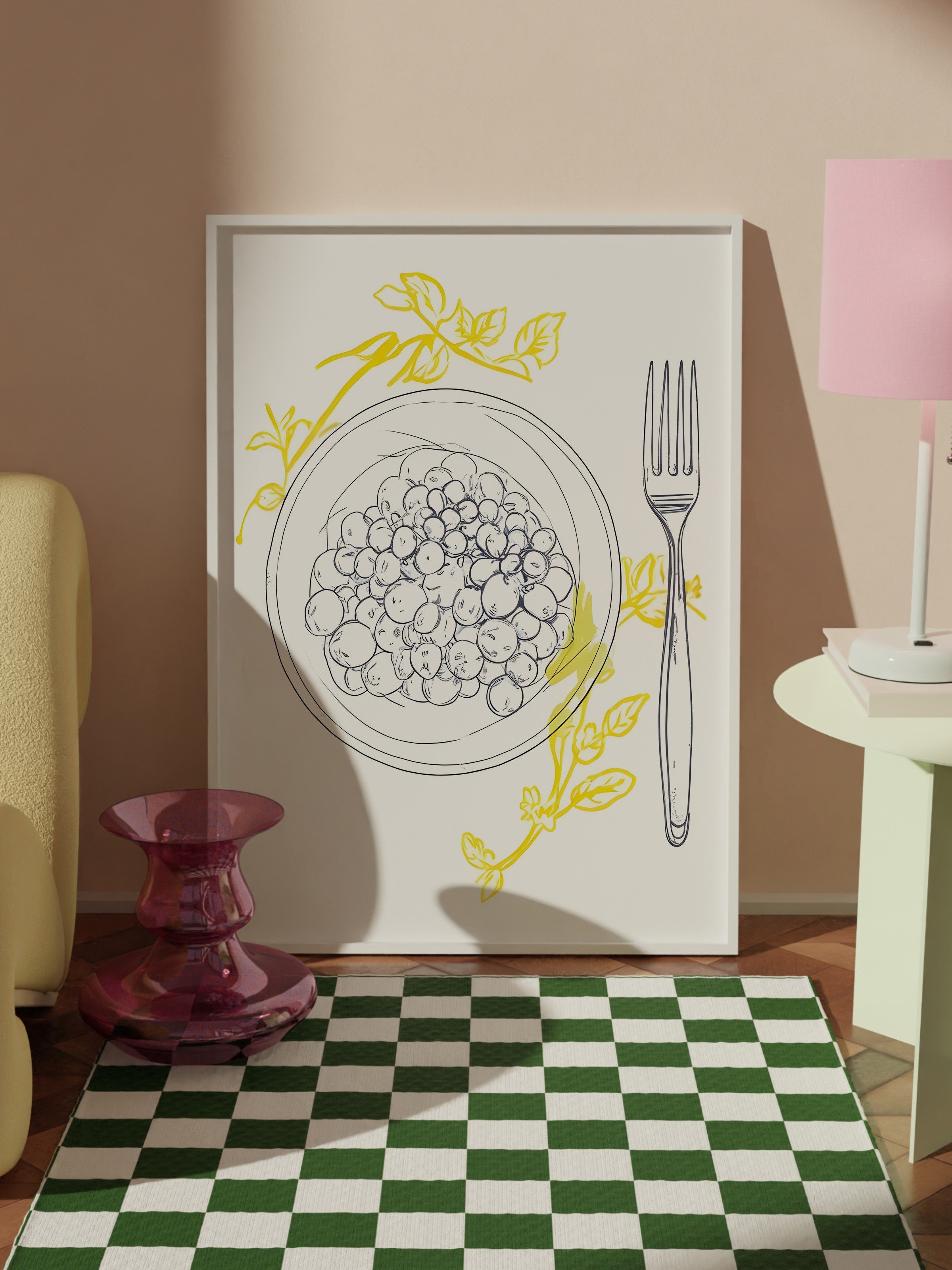 Beyaz Çerçeveli Tablo, Yellow Flowers Around Plate, Comfort Serisi Mutfak Duvar Tablosu, NO:109141