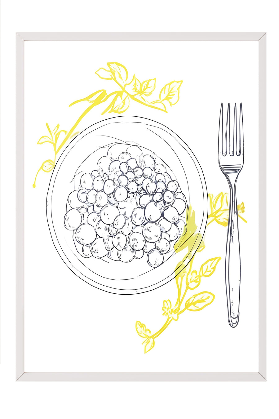 Beyaz Çerçeveli Tablo, Yellow Flowers Around Plate, Comfort Serisi Mutfak Duvar Tablosu, NO:109141