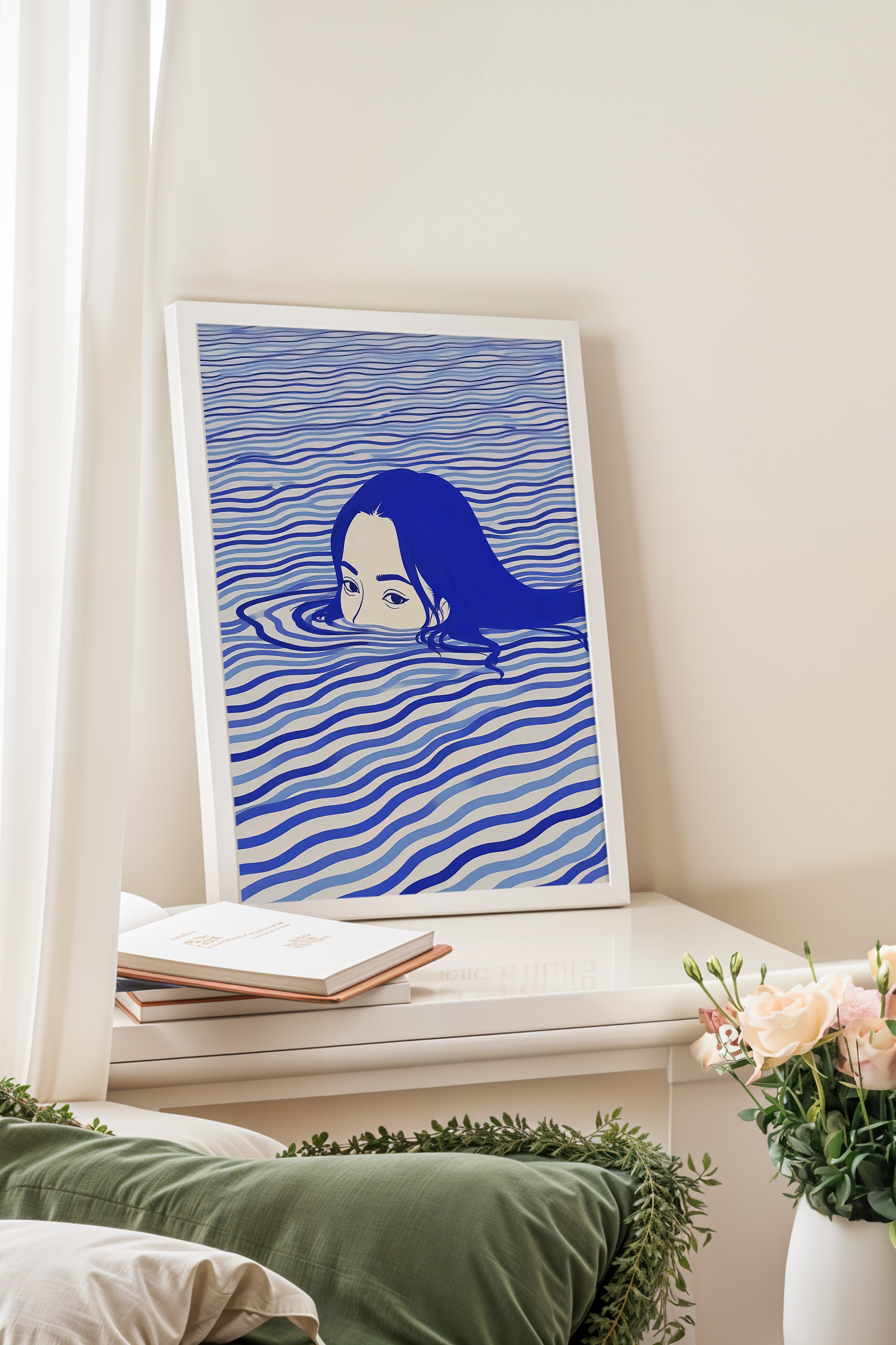 Beyaz Çerçeveli Tablo, Yüzen Kadın, İllüstrasyon, Mavi Renk Poster, 2025 Yaz Seçkisi, NO:109719