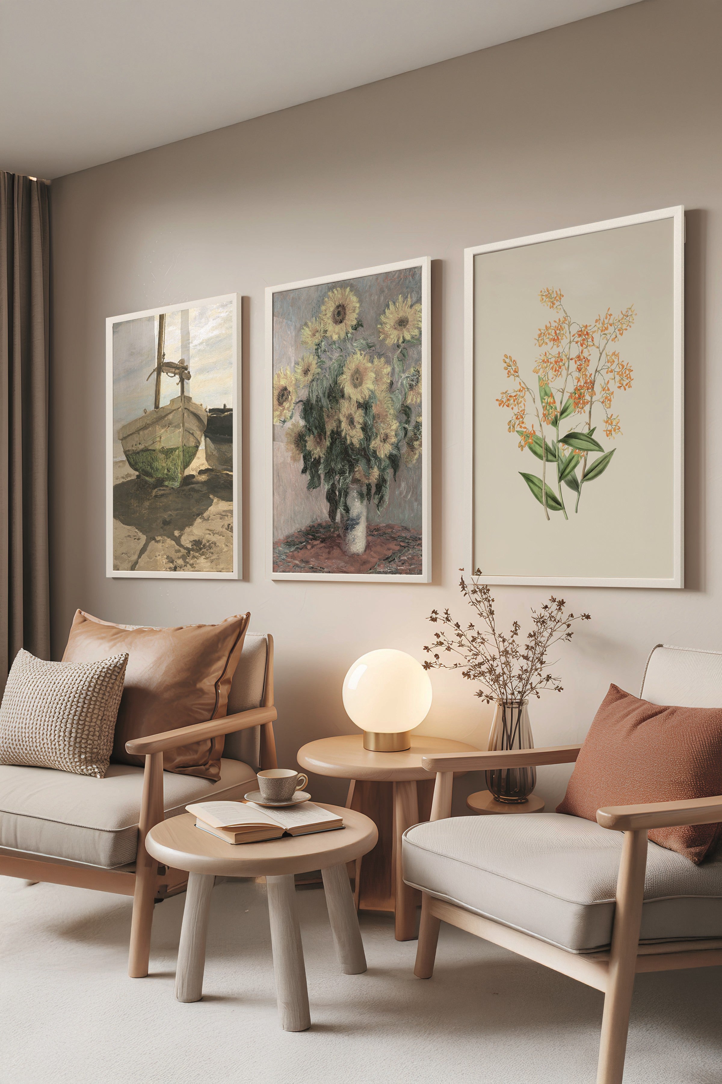 Beyaz Tablo Seti, 3 Adet Beyaz Çerçeveli Poster Art of Green Model No:300887, Yeşil Duvar Dekoru