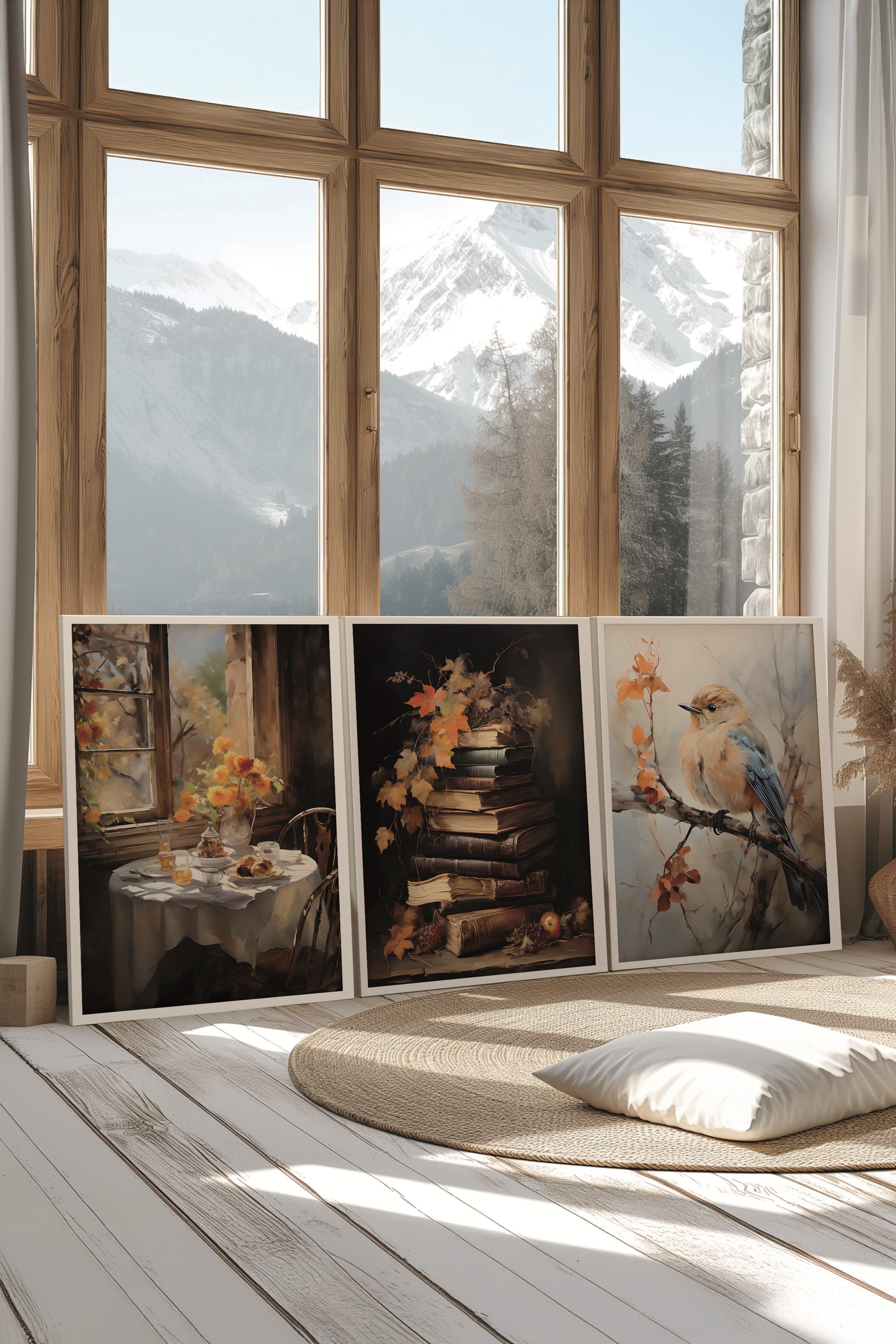 Beyaz Tablo Seti, 3 Adet Beyaz Çerçeveli Poster Autumn Birds Model No:300875, Kahverengi ve Turuncu