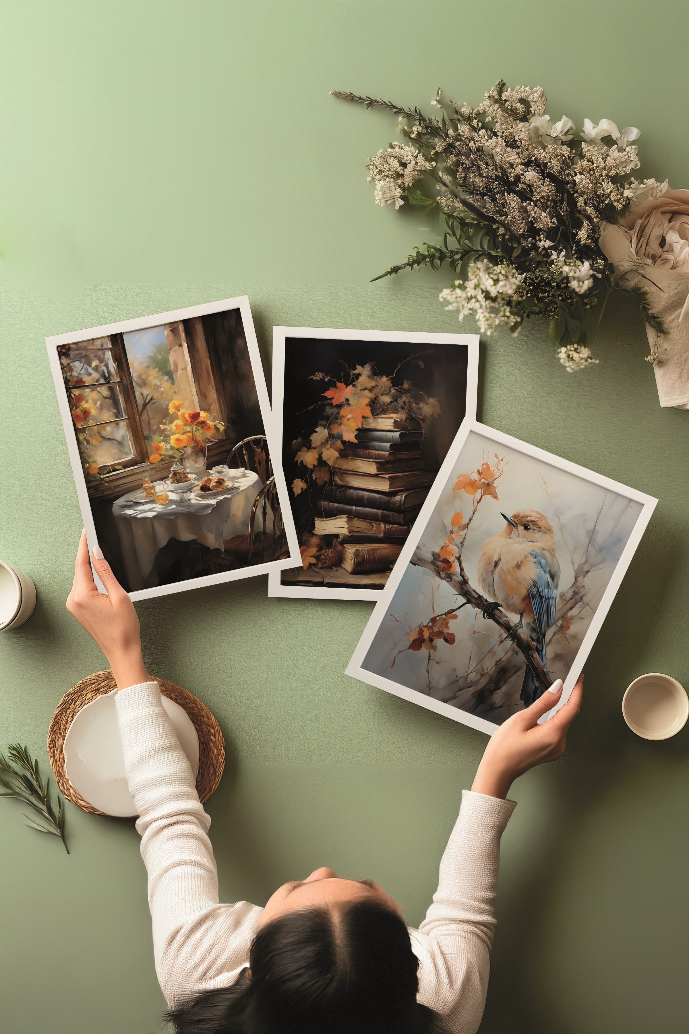 Beyaz Tablo Seti, 3 Adet Beyaz Çerçeveli Poster Autumn Birds Model No:300875, Kahverengi ve Turuncu