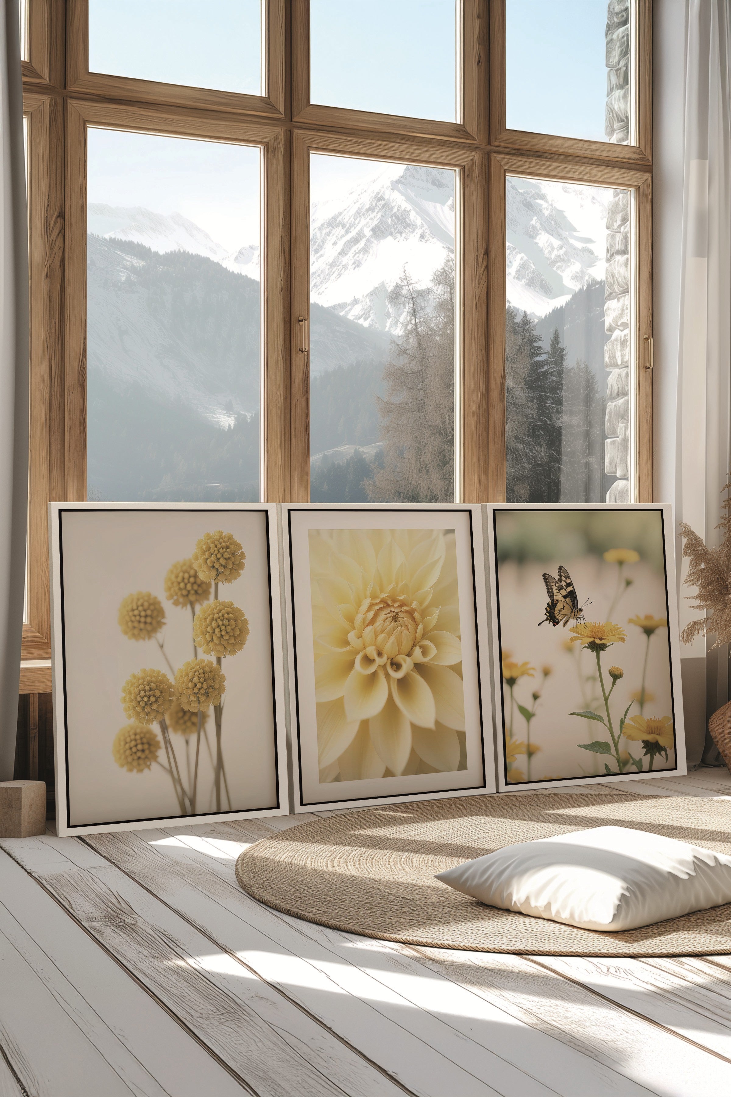 Beyaz Tablo Seti, 3 Adet Beyaz Çerçeveli Poster Bees & Flowers Model No:300805, Sarı Duvar Dekoru