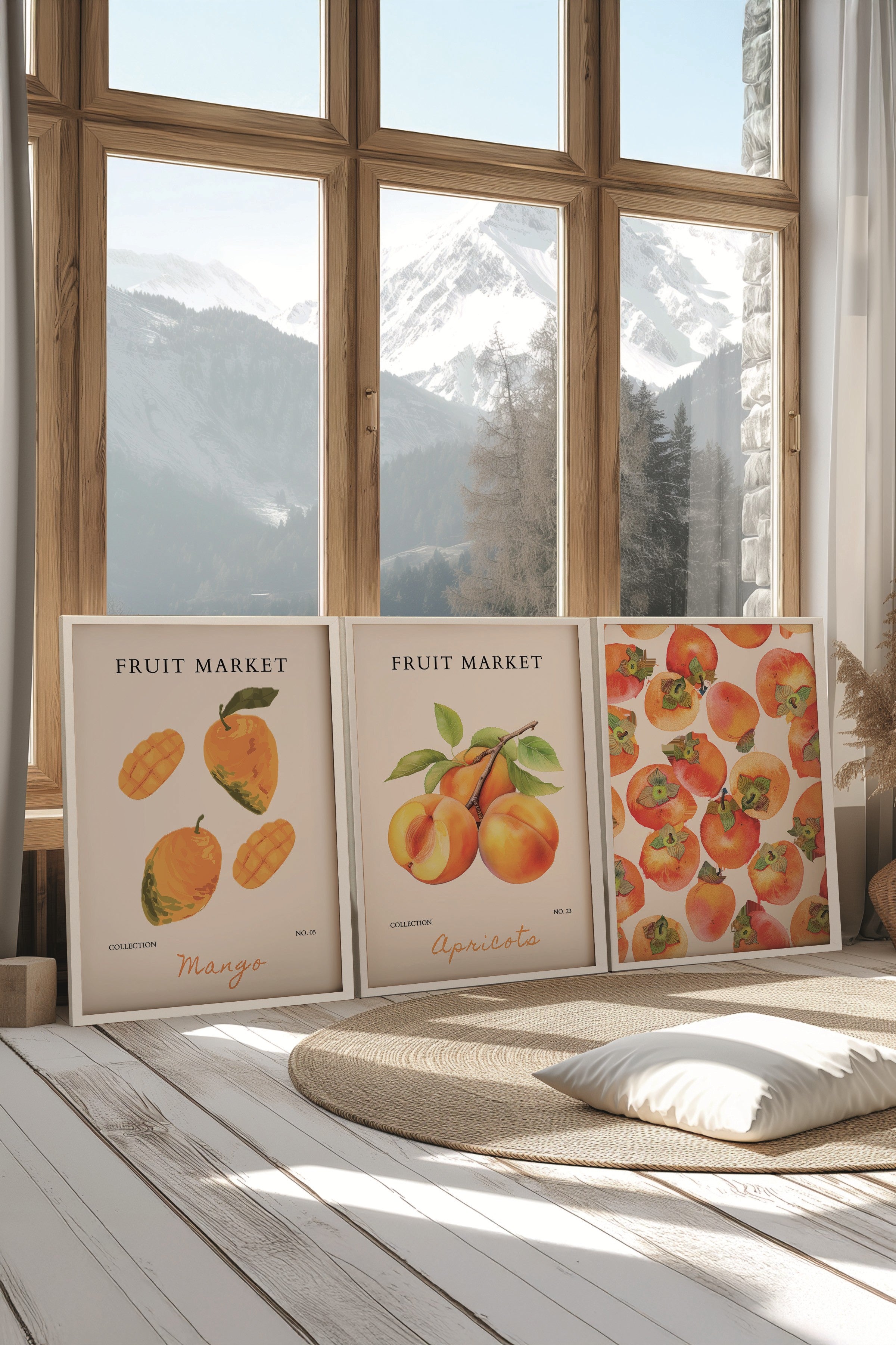 Beyaz Tablo Seti, 3 Adet Beyaz Çerçeveli Poster Fruit Market Model No:300881, Turuncu Duvar Dekoru