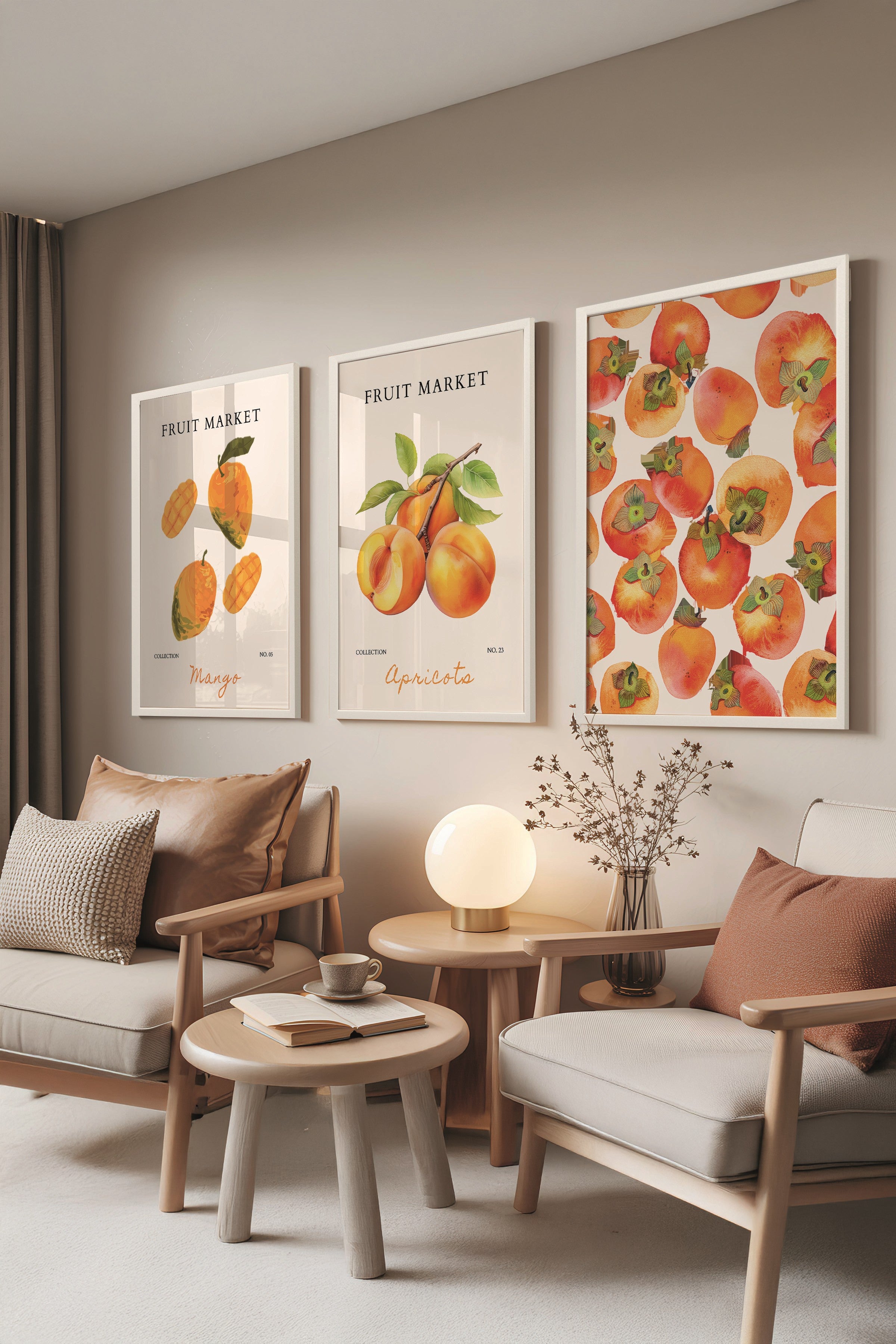Beyaz Tablo Seti, 3 Adet Beyaz Çerçeveli Poster Fruit Market Model No:300881, Turuncu Duvar Dekoru