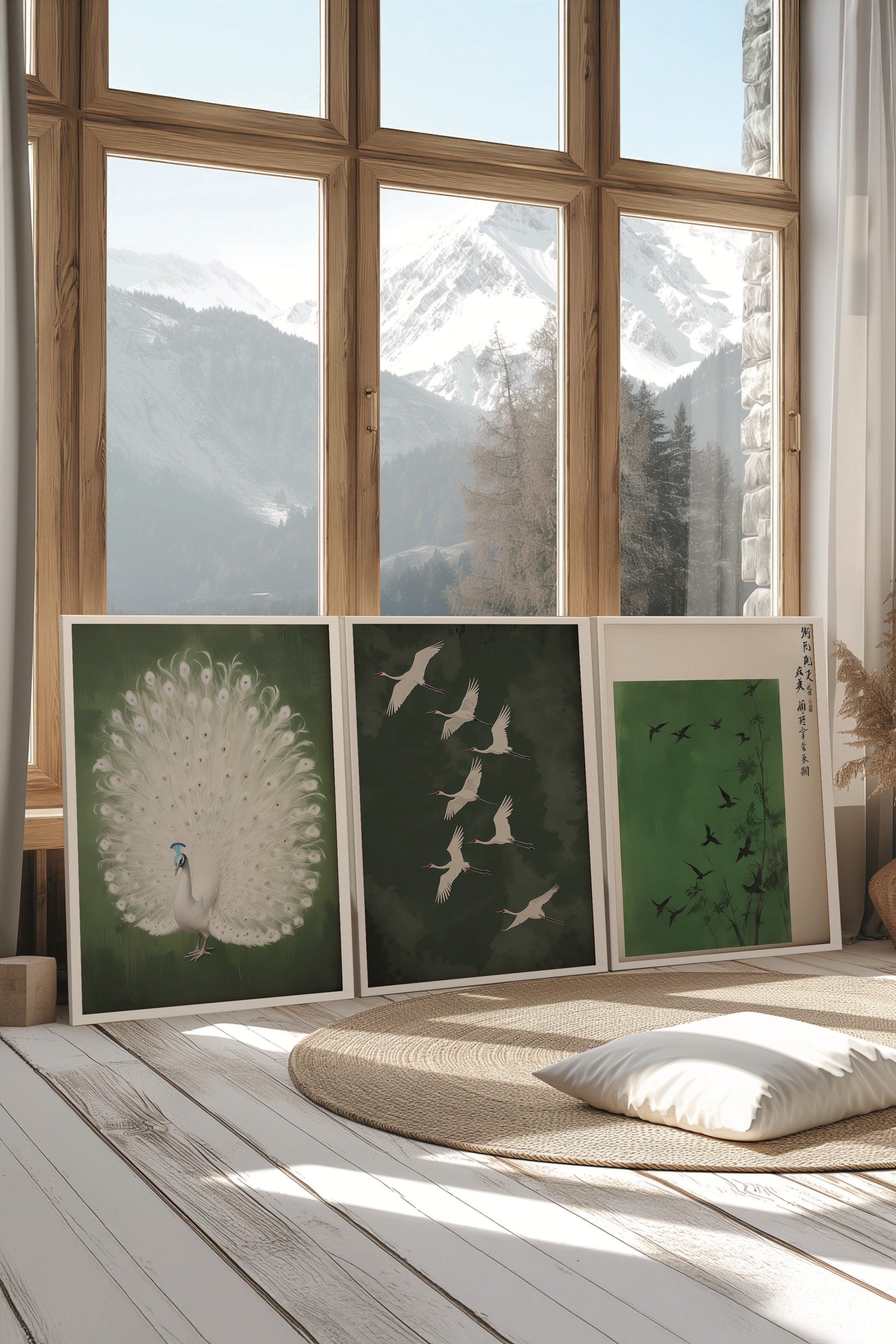 Beyaz Tablo Seti, 3 Adet Beyaz Çerçeveli Poster Green Art Model No:300817, Yeşil Duvar Dekoru