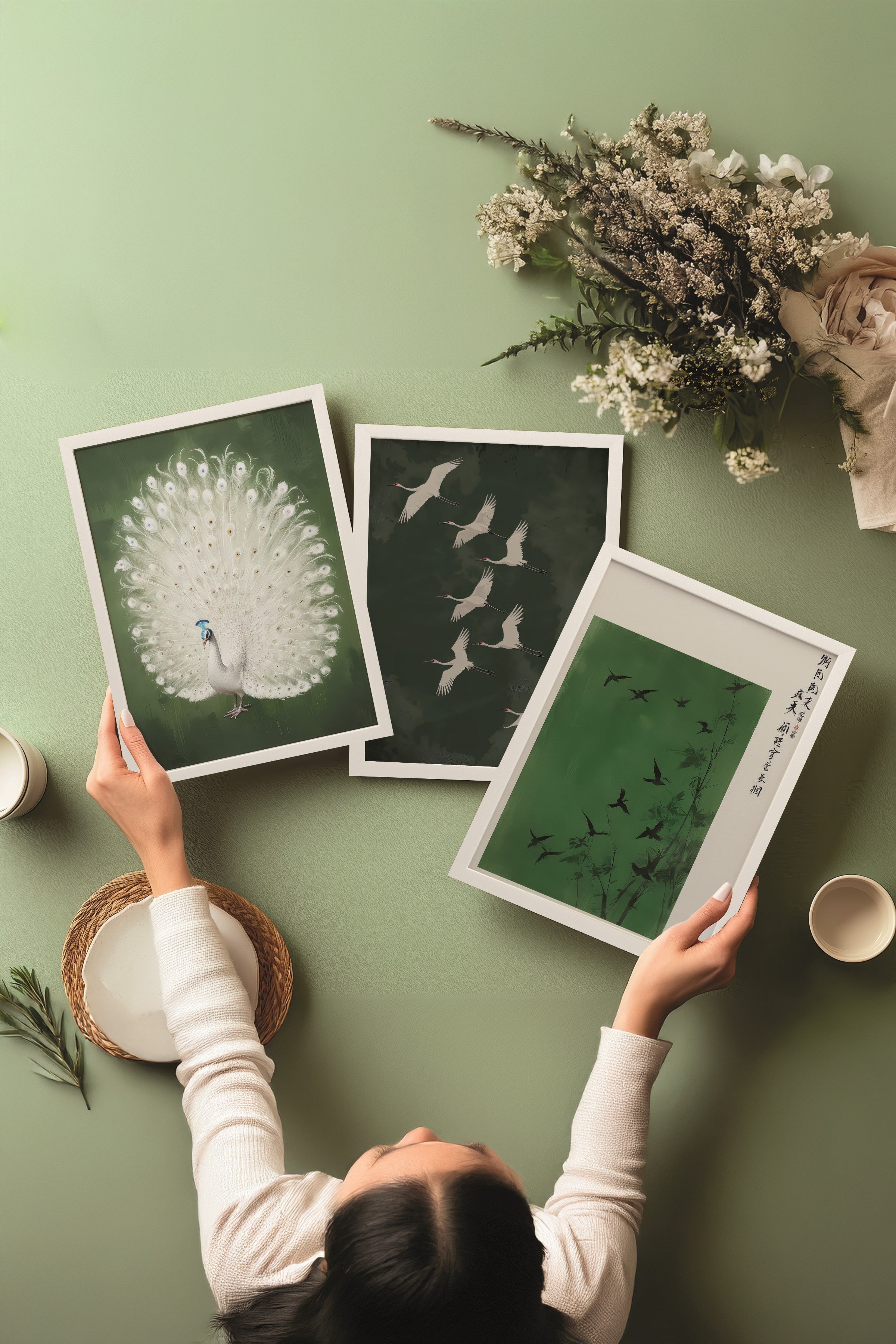 Beyaz Tablo Seti, 3 Adet Beyaz Çerçeveli Poster Green Art Model No:300817, Yeşil Duvar Dekoru
