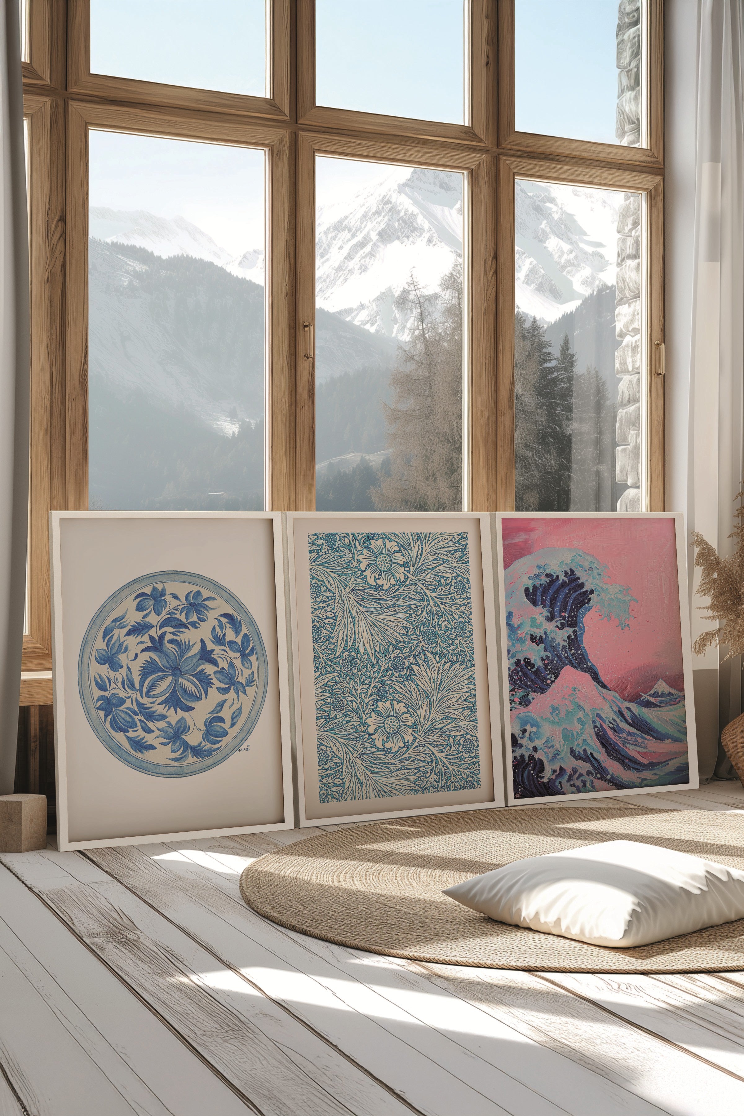 Beyaz Tablo Seti, 3 Adet Beyaz Çerçeveli Poster Hokusai Waves Model No:300866, Pembe Duvar Dekor