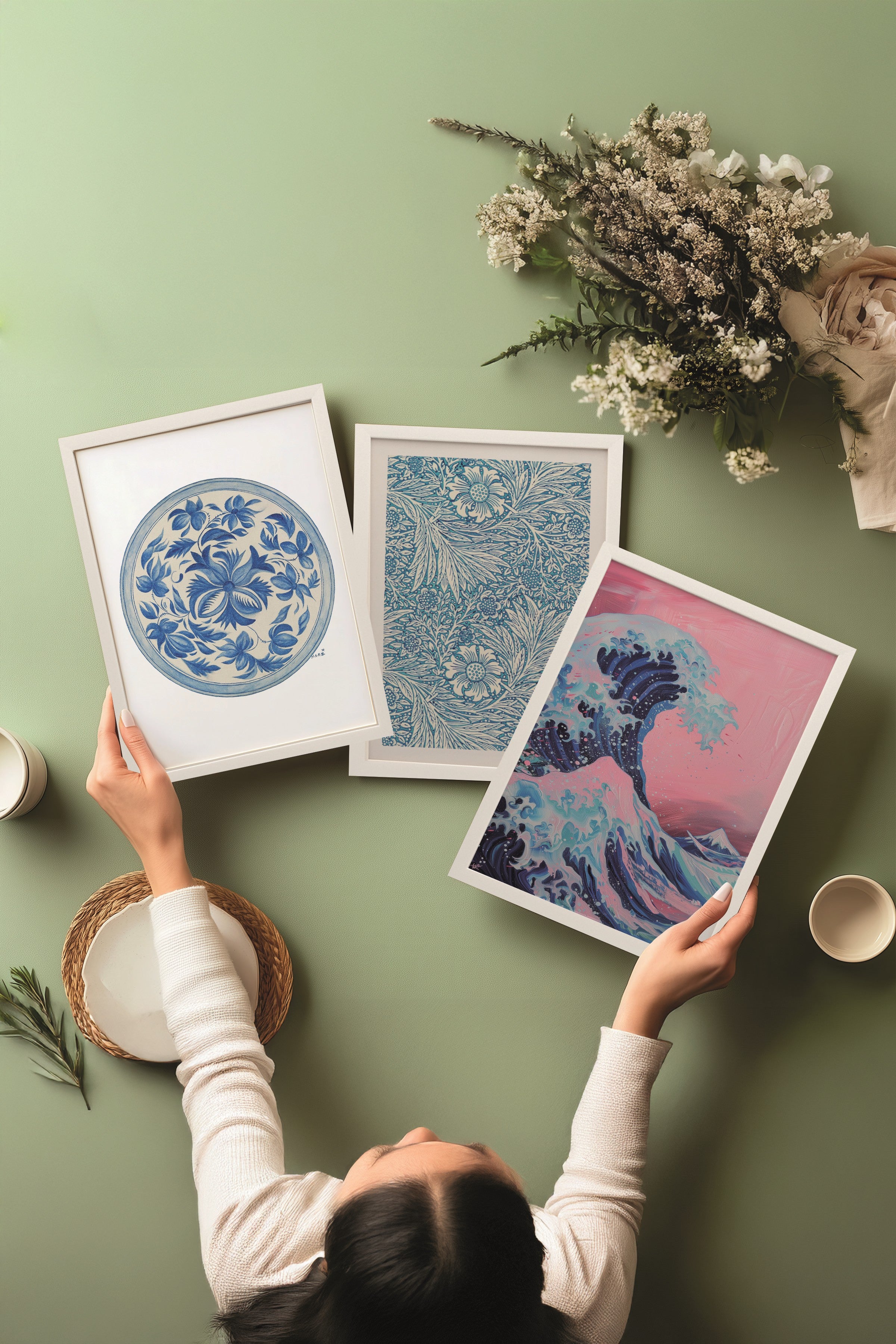 Beyaz Tablo Seti, 3 Adet Beyaz Çerçeveli Poster Hokusai Waves Model No:300866, Pembe Duvar Dekor