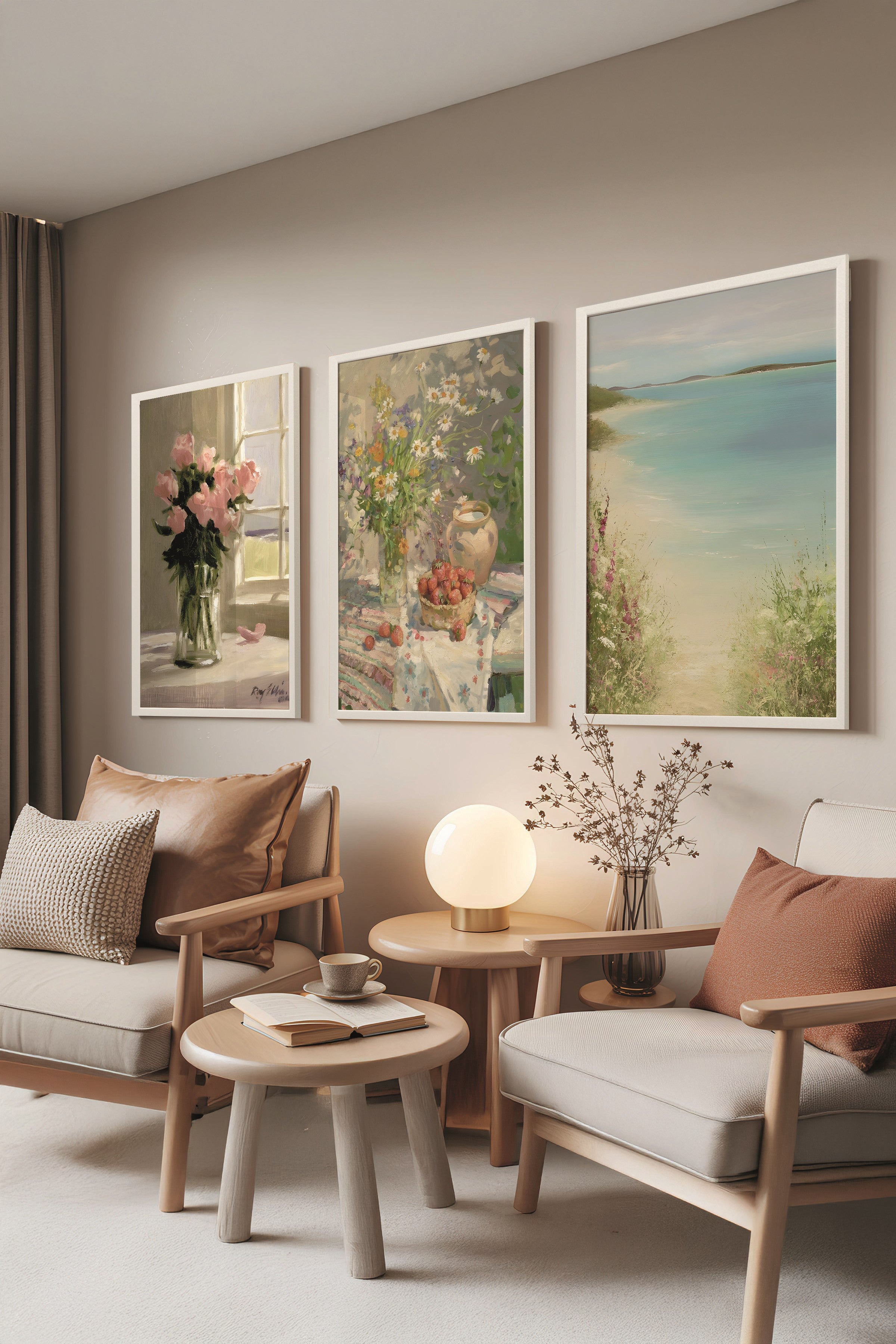 Beyaz Tablo Seti, 3 Adet Beyaz Çerçeveli Poster Model No:300877, Pembe Duvar Dekoru