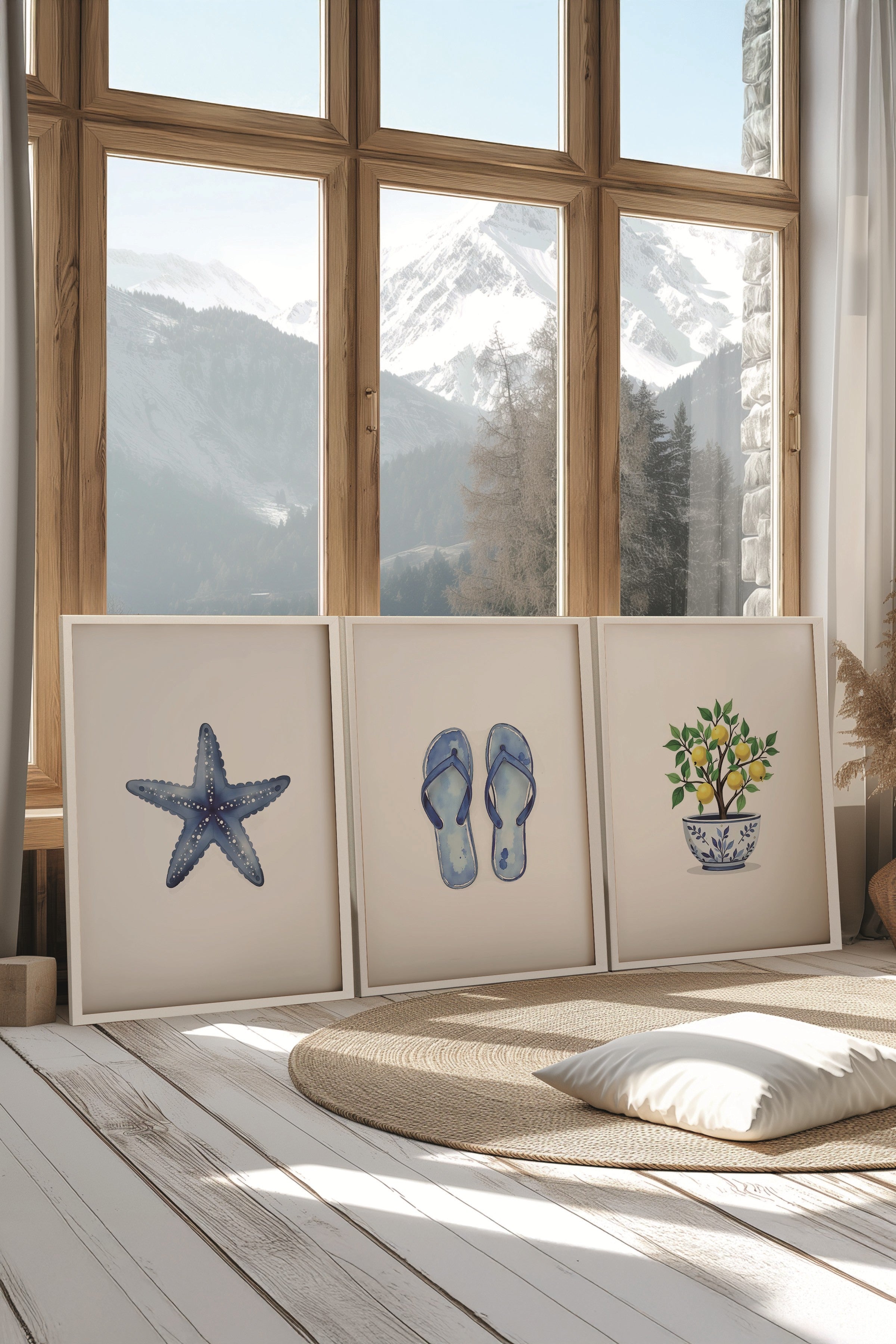 Beyaz Tablo Seti, 3 Adet Beyaz Çerçeveli Poster Mini summer Model No:300857, Mavi Duvar Dekoru