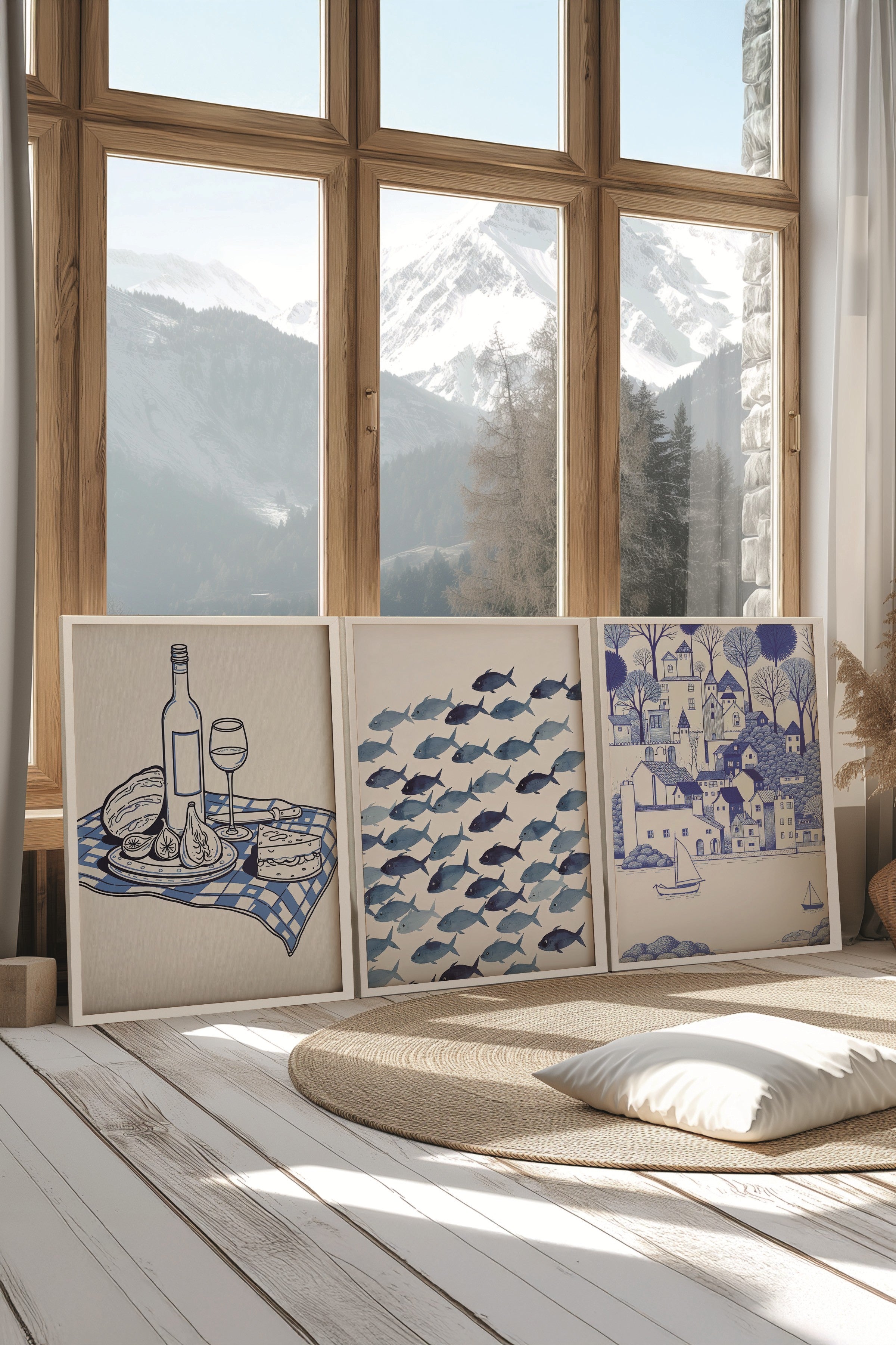 Beyaz Tablo Seti, 3 Adet Beyaz Çerçeveli Poster Minimal Blue Model No:300853, Mavi Duvar Dekoru