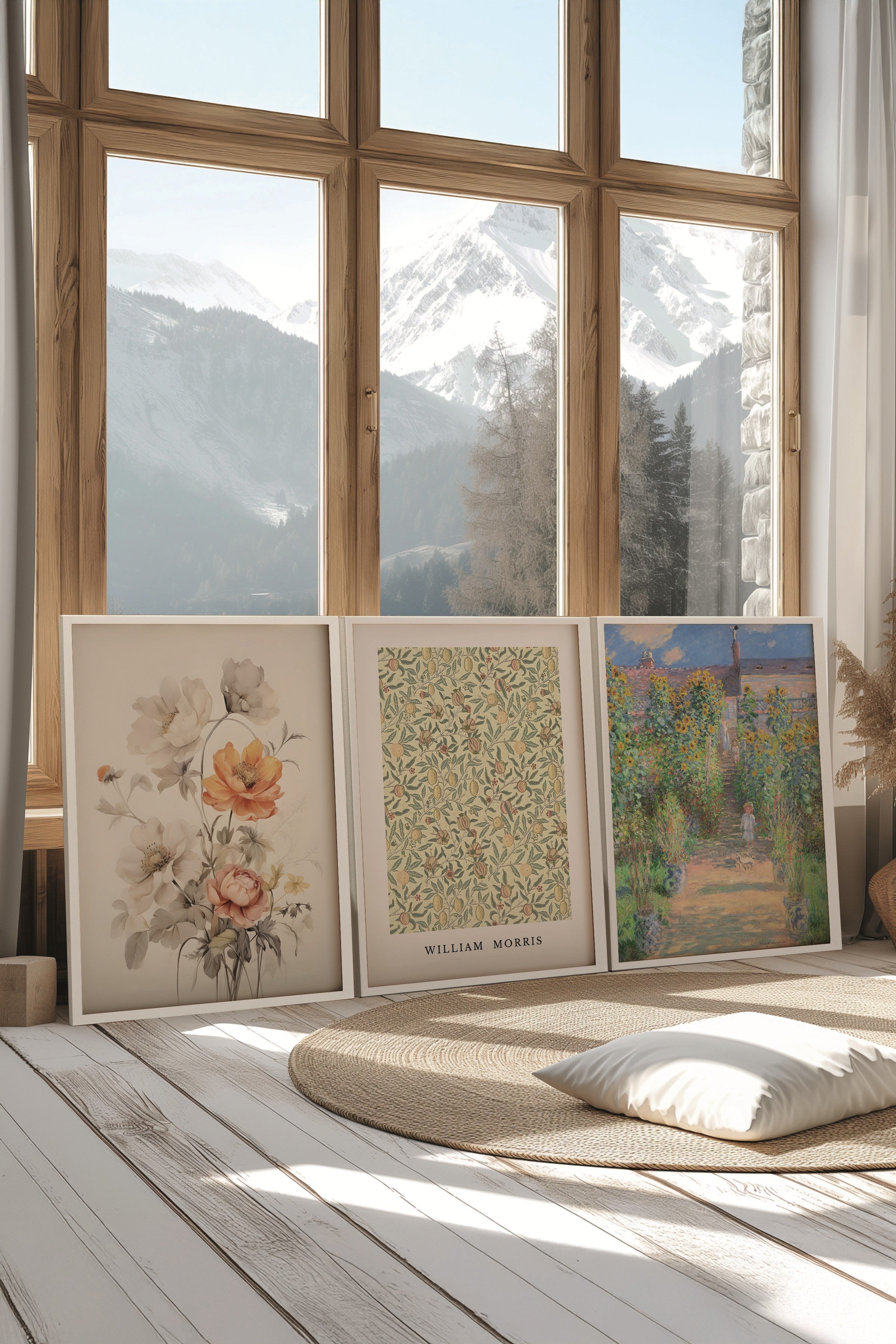 Beyaz Tablo Seti, 3 Adet Beyaz Çerçeveli Poster Monet-Morris Model No:300886, Renkli Duvar Dekoru