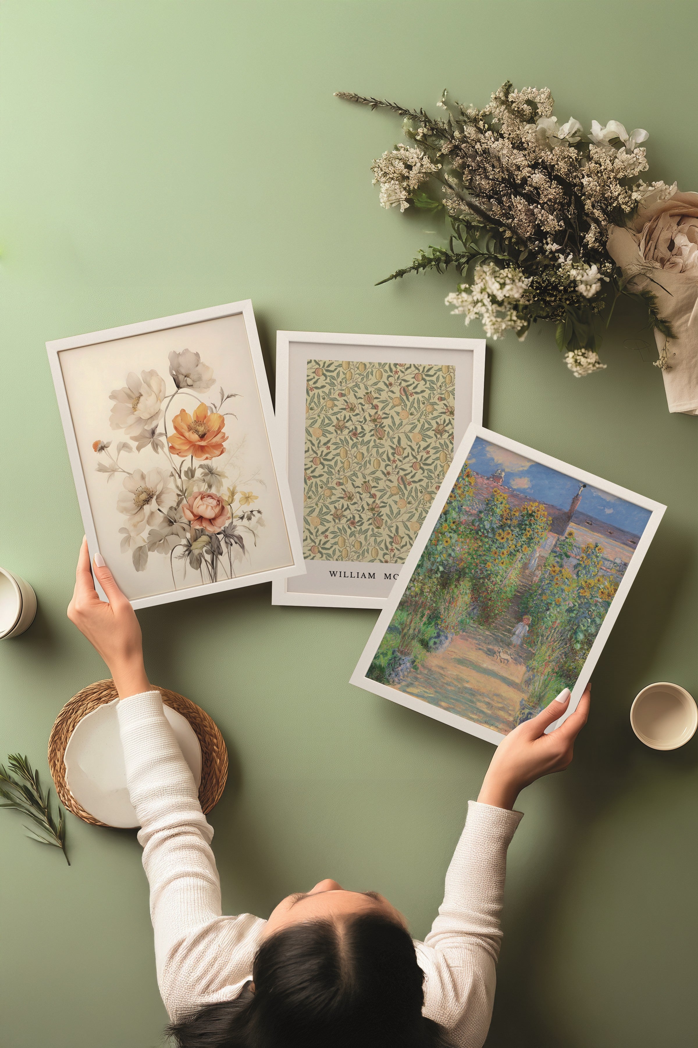 Beyaz Tablo Seti, 3 Adet Beyaz Çerçeveli Poster Monet-Morris Model No:300886, Renkli Duvar Dekoru
