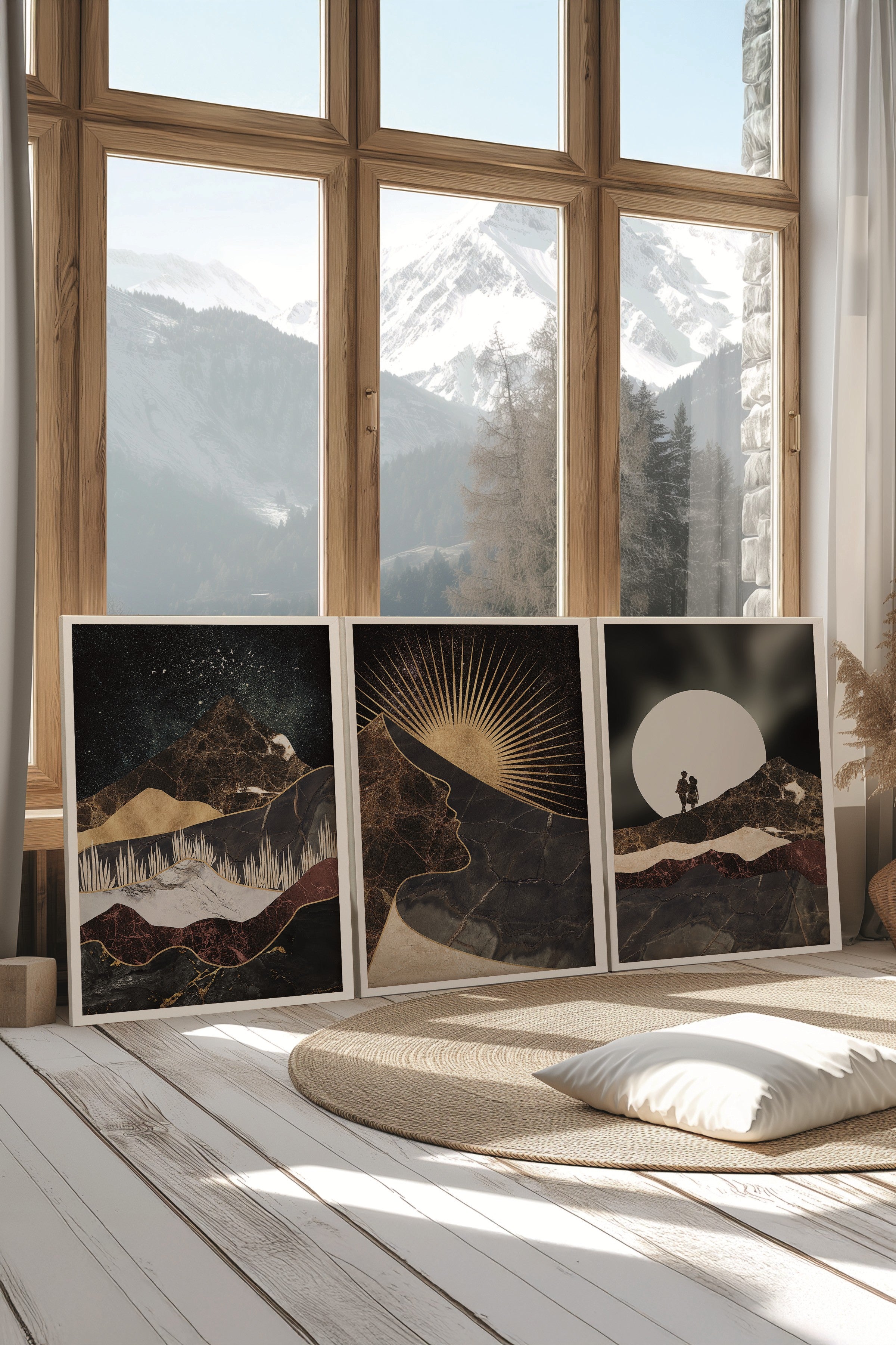Beyaz Tablo Seti, 3 Adet Beyaz Çerçeveli Poster Moon Love Model No:300885, Kahverengi Duvar Dekoru