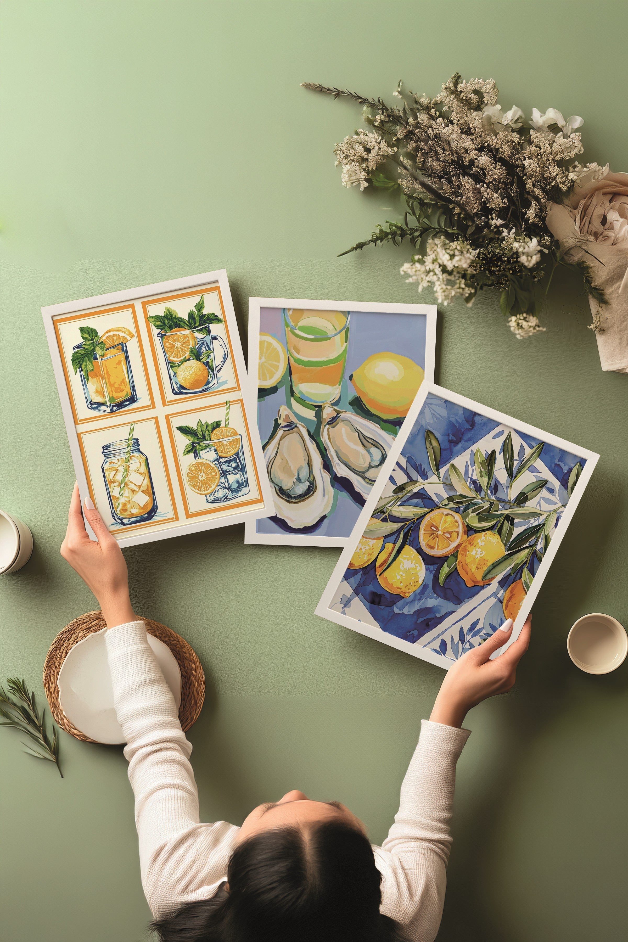 Beyaz Tablo Seti, 3 Adet Beyaz Çerçeveli Poster Mussel & Lemon Model No:300845, Sarı Duvar Dekor