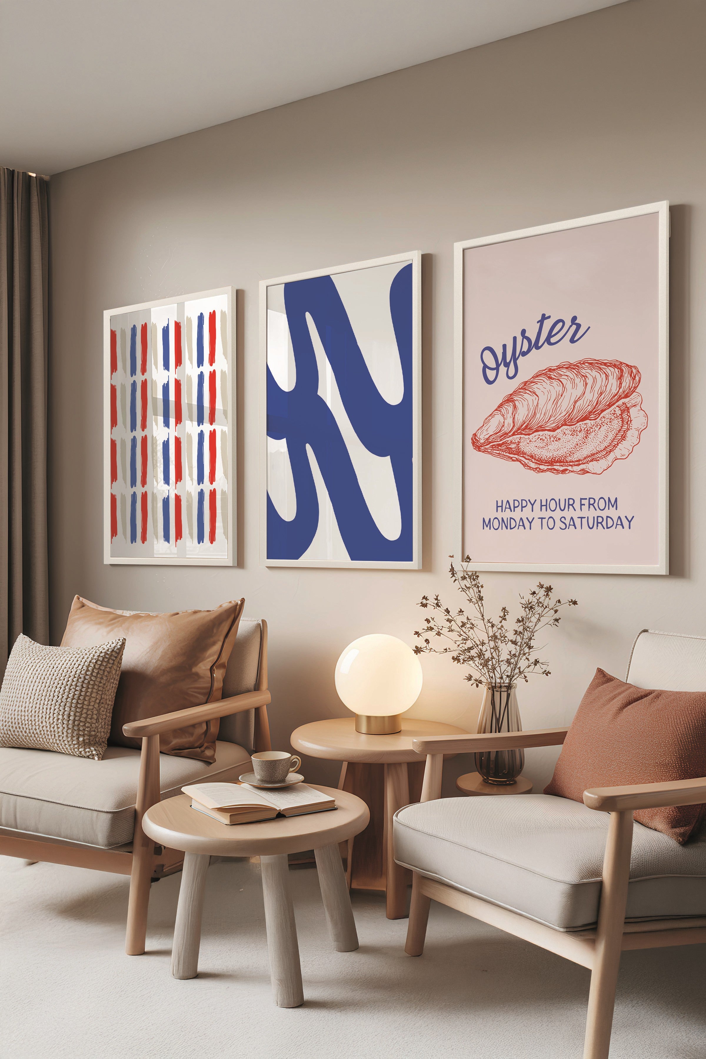 Beyaz Tablo Seti, 3 Adet Beyaz Çerçeveli Poster Oyster Model No:300846, Mavi ve Kırmızı Duvar Dekoru