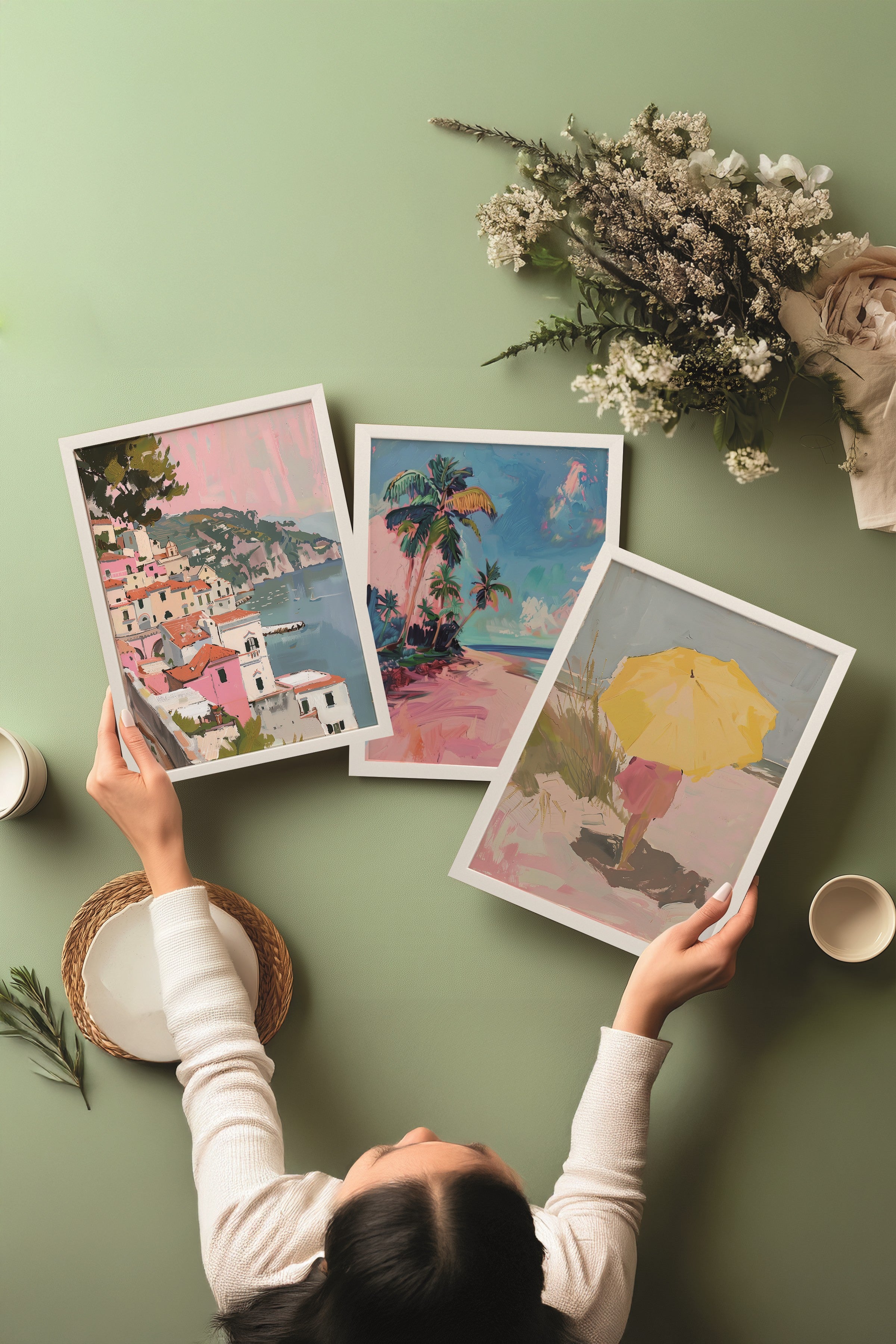Beyaz Tablo Seti, 3 Adet Beyaz Çerçeveli Poster Pembe Sahil Model No:300898, Renkli Duvar Dekoru