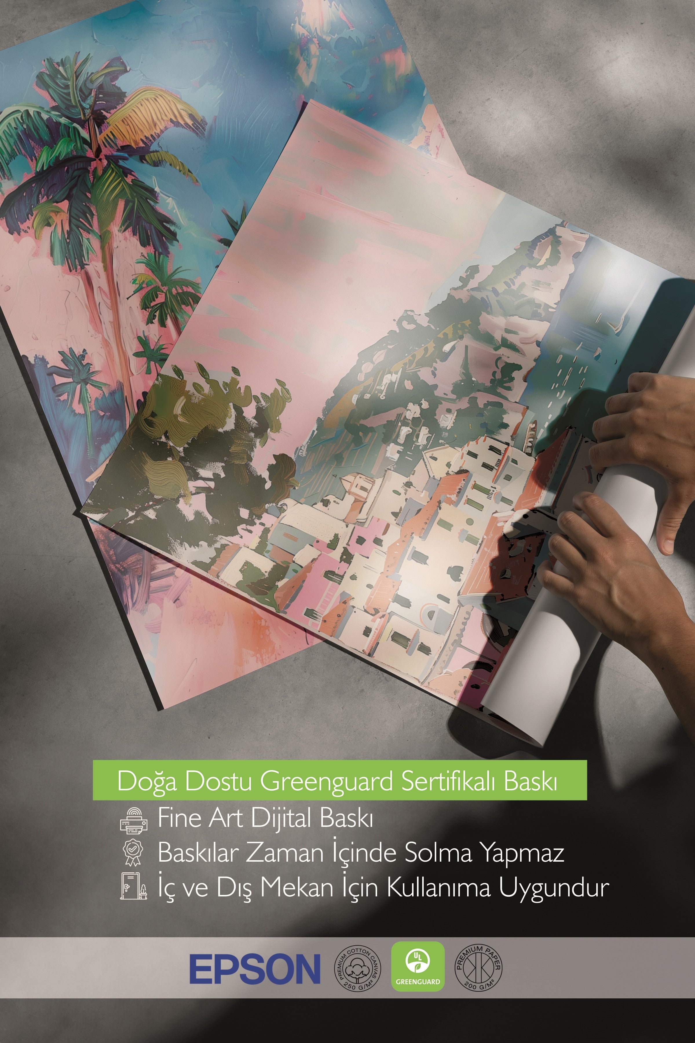 Beyaz Tablo Seti, 3 Adet Beyaz Çerçeveli Poster Pembe Sahil Model No:300898, Renkli Duvar Dekoru
