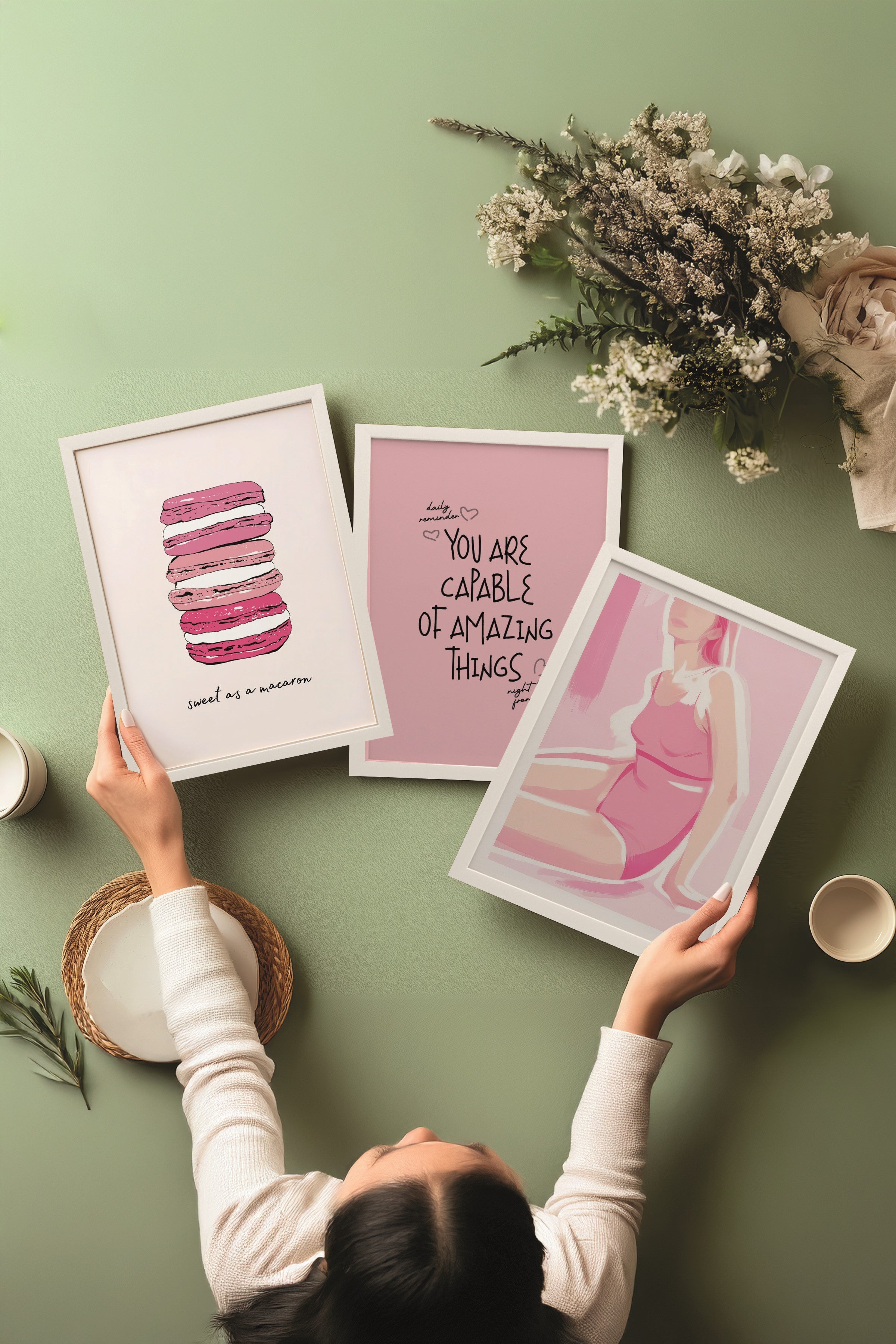 Beyaz Tablo Seti, 3 Adet Beyaz Çerçeveli Poster Pink Motivation Model No:300811, Pembe Duvar Dekoru