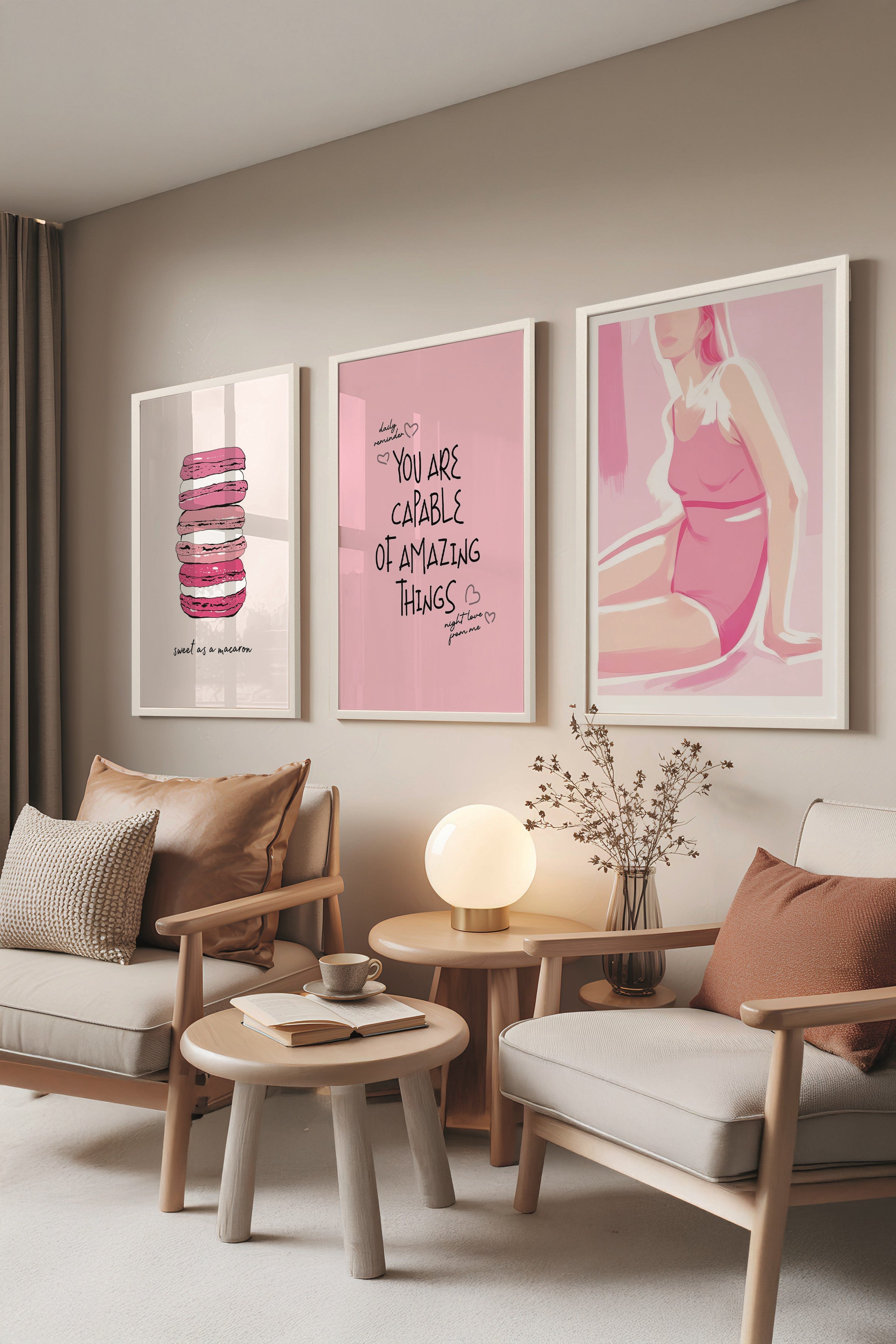 Beyaz Tablo Seti, 3 Adet Beyaz Çerçeveli Poster Pink Motivation Model No:300811, Pembe Duvar Dekoru