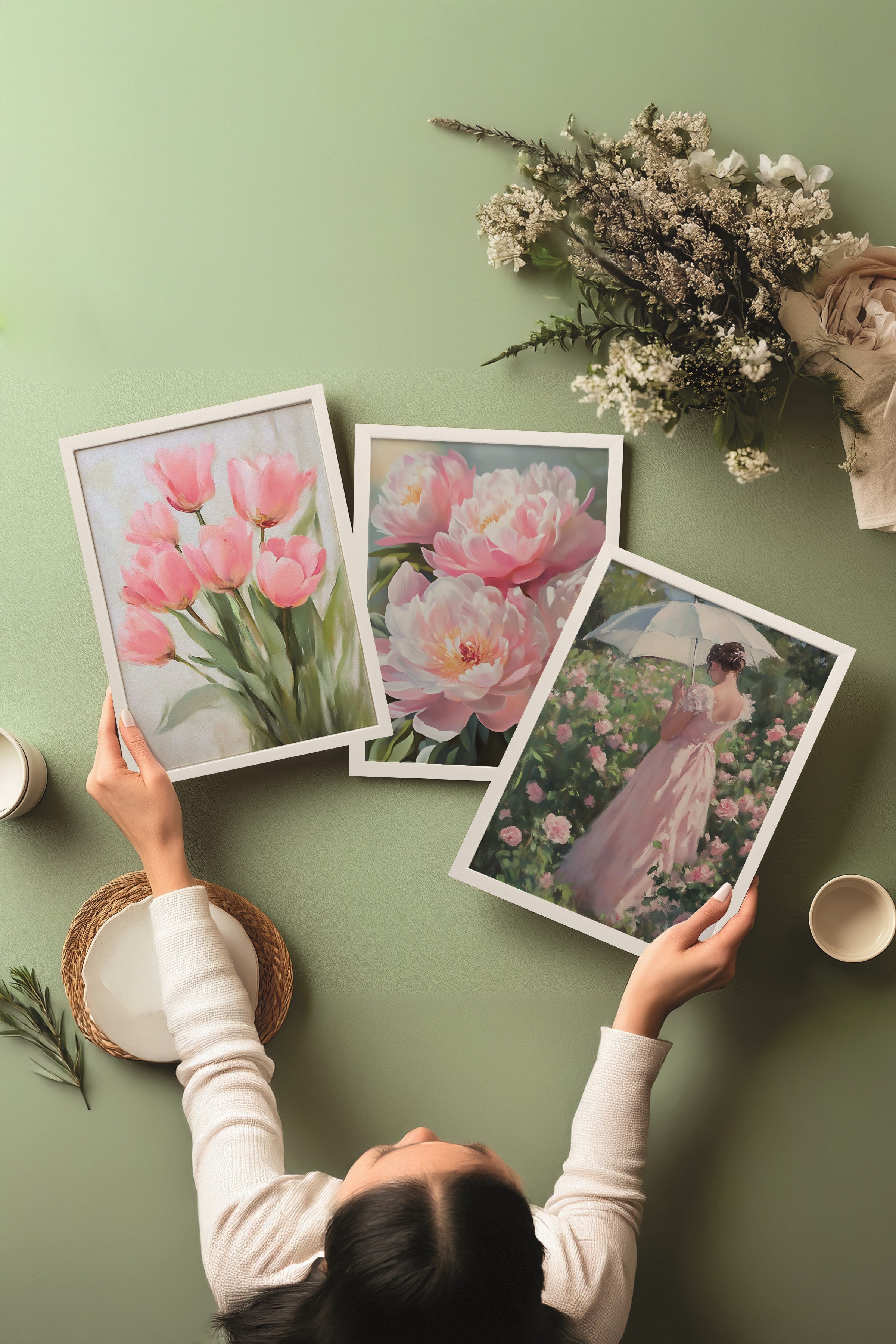Beyaz Tablo Seti, 3 Adet Beyaz Çerçeveli Poster pinky flower Model No:300894, Pembe Duvar Dekoru