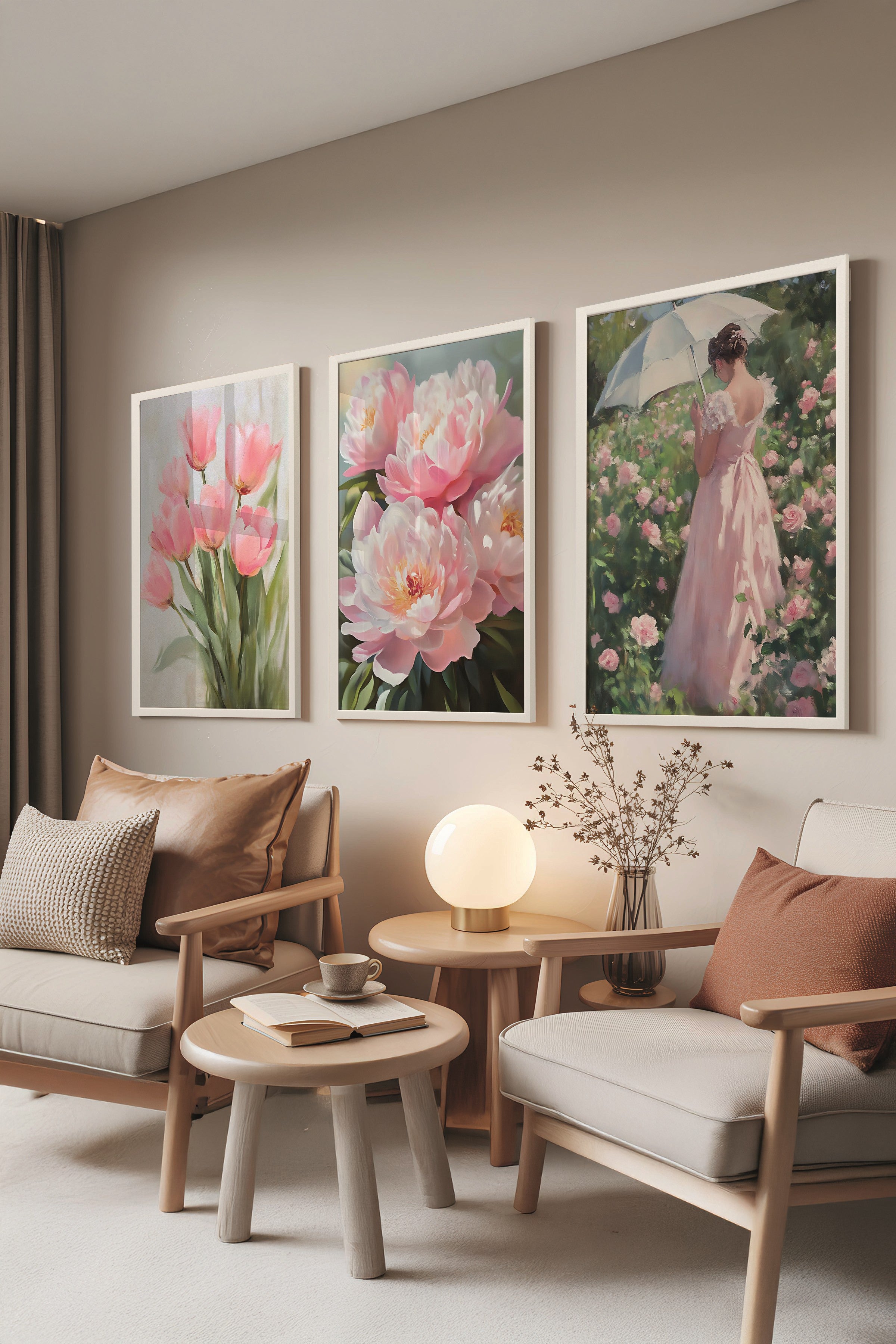 Beyaz Tablo Seti, 3 Adet Beyaz Çerçeveli Poster pinky flower Model No:300894, Pembe Duvar Dekoru