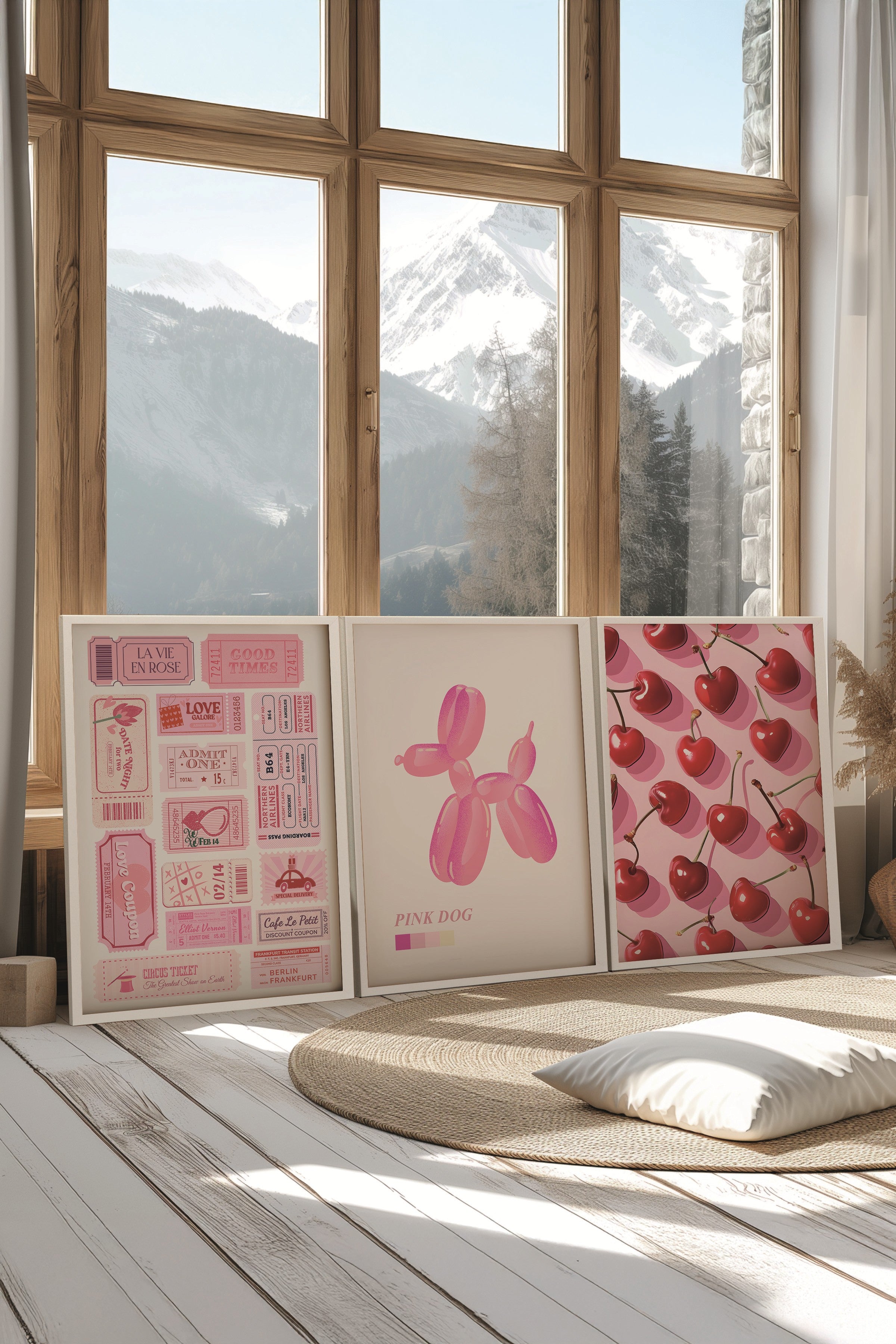 Beyaz Tablo Seti, 3 Adet Beyaz Çerçeveli Poster Preppy Model No:300893, Pembe Duvar Dekoru