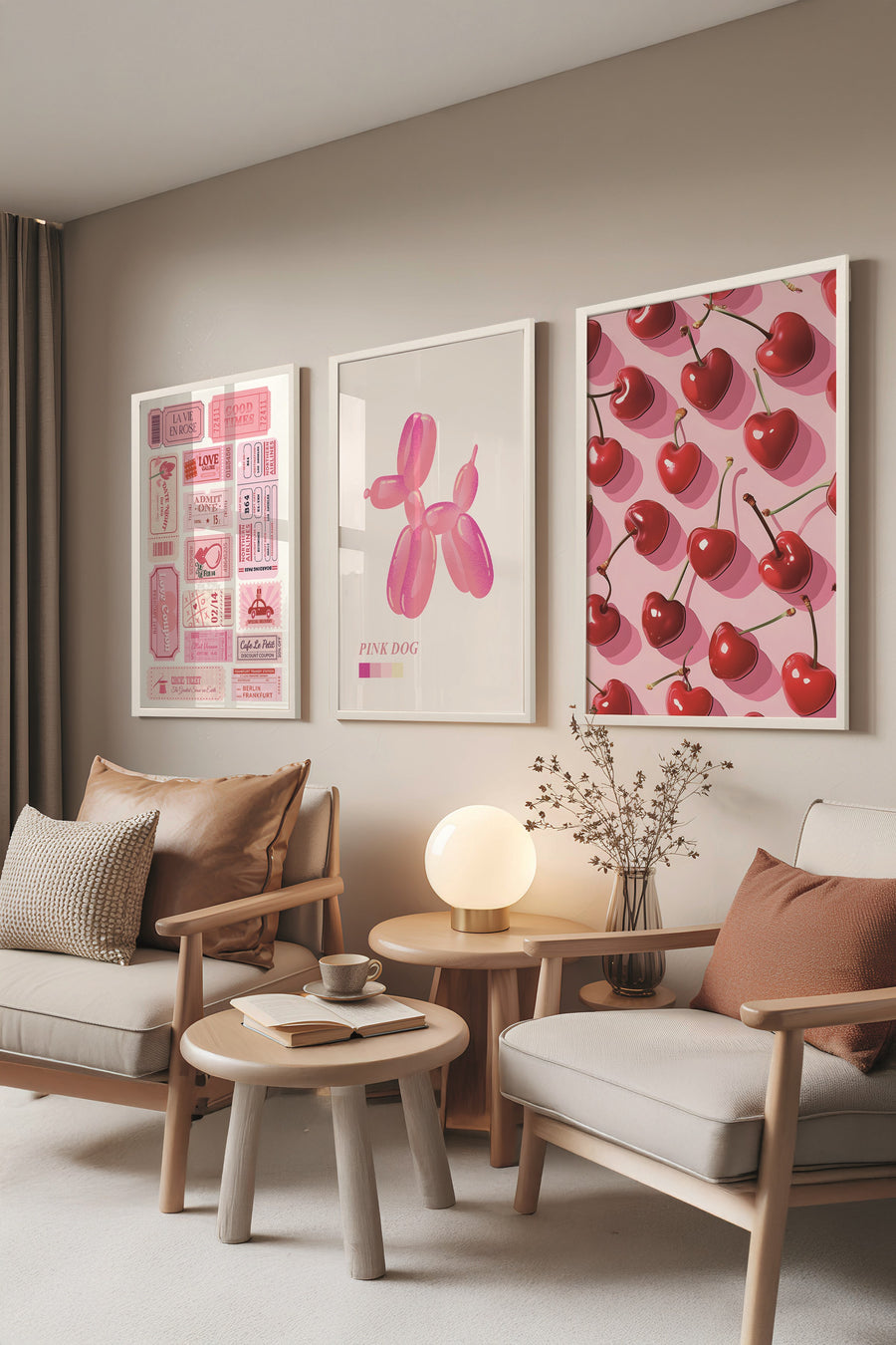 Beyaz Tablo Seti, 3 Adet Beyaz Çerçeveli Poster Preppy Model No:300893, Pembe Duvar Dekoru