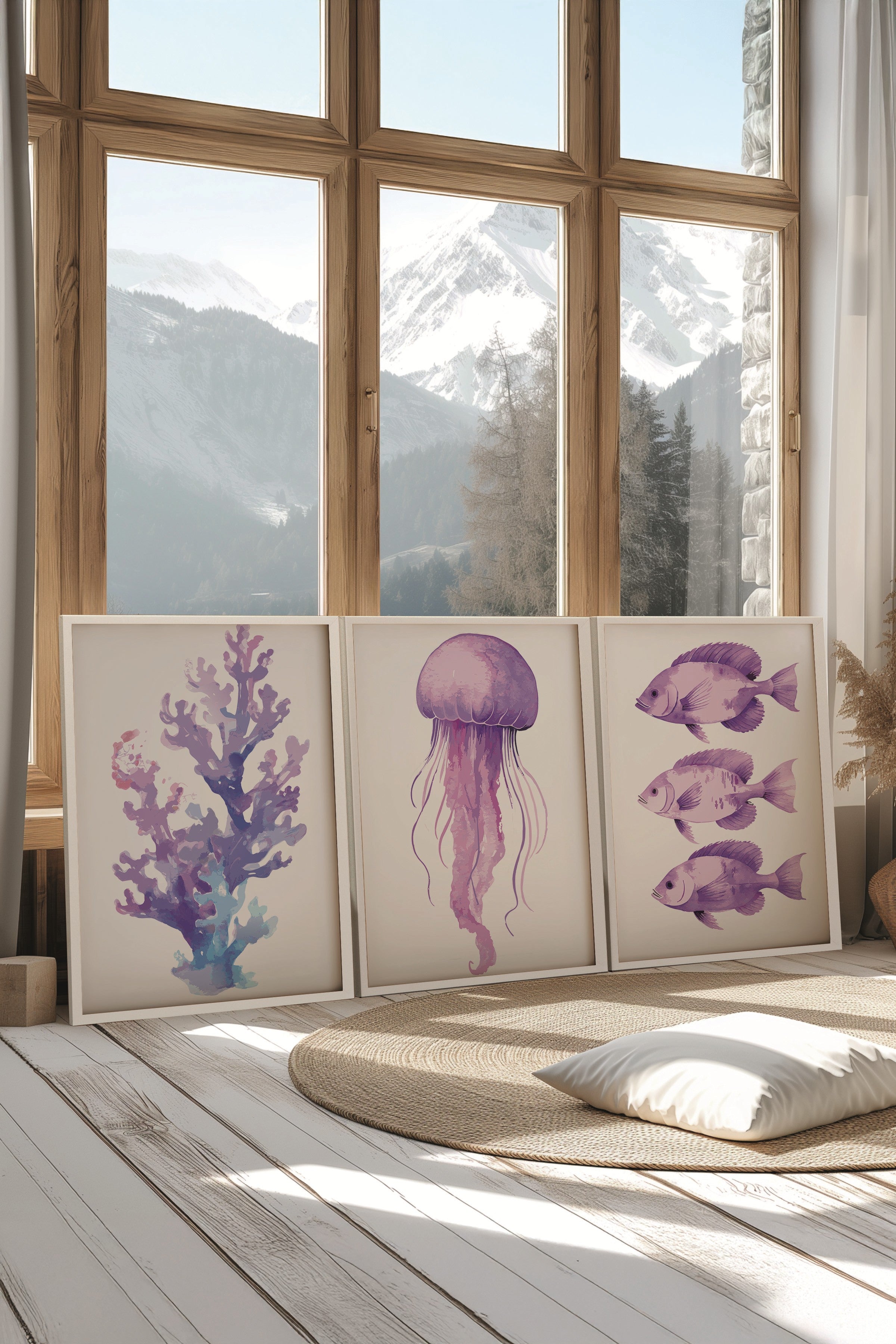 Beyaz Tablo Seti, 3 Adet Beyaz Çerçeveli Poster sea creatures Model No:300822, Mor Duvar Dekoru