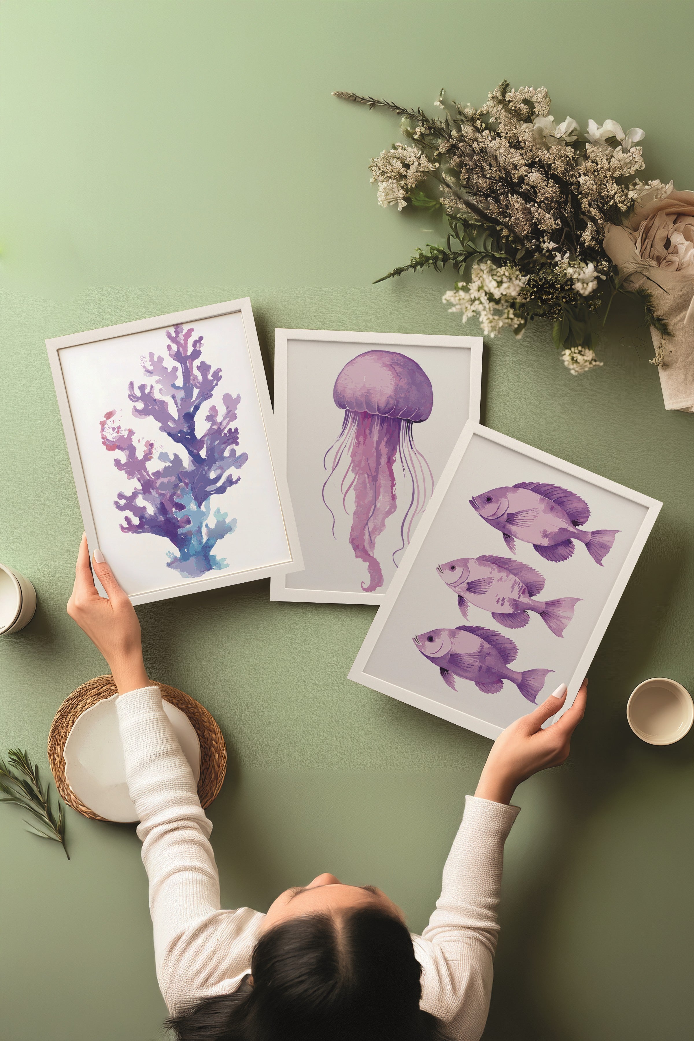 Beyaz Tablo Seti, 3 Adet Beyaz Çerçeveli Poster sea creatures Model No:300822, Mor Duvar Dekoru