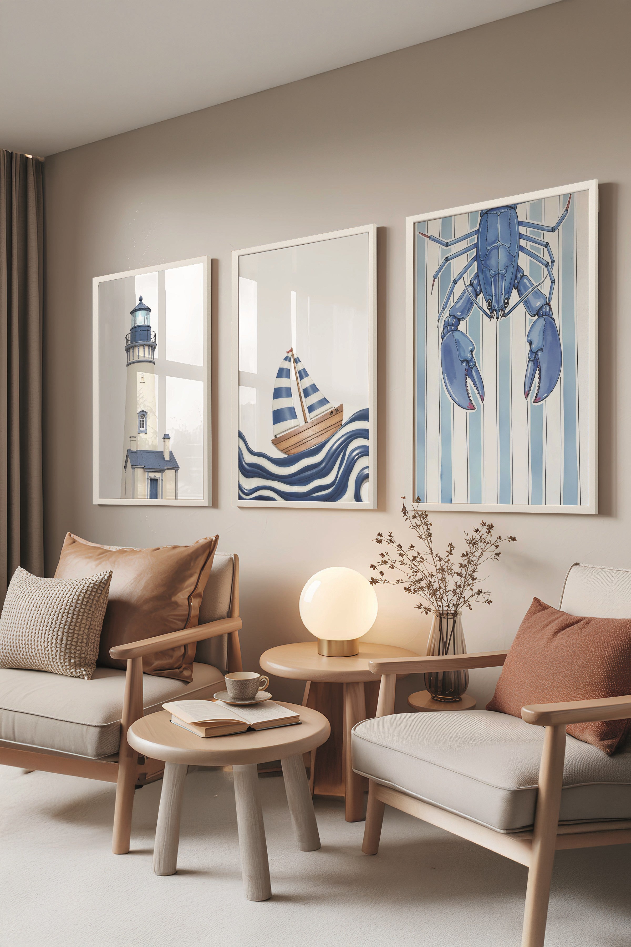 Beyaz Tablo Seti, 3 Adet Beyaz Çerçeveli Poster Sea Shows Model No:300828, Mavi Duvar Dekoru